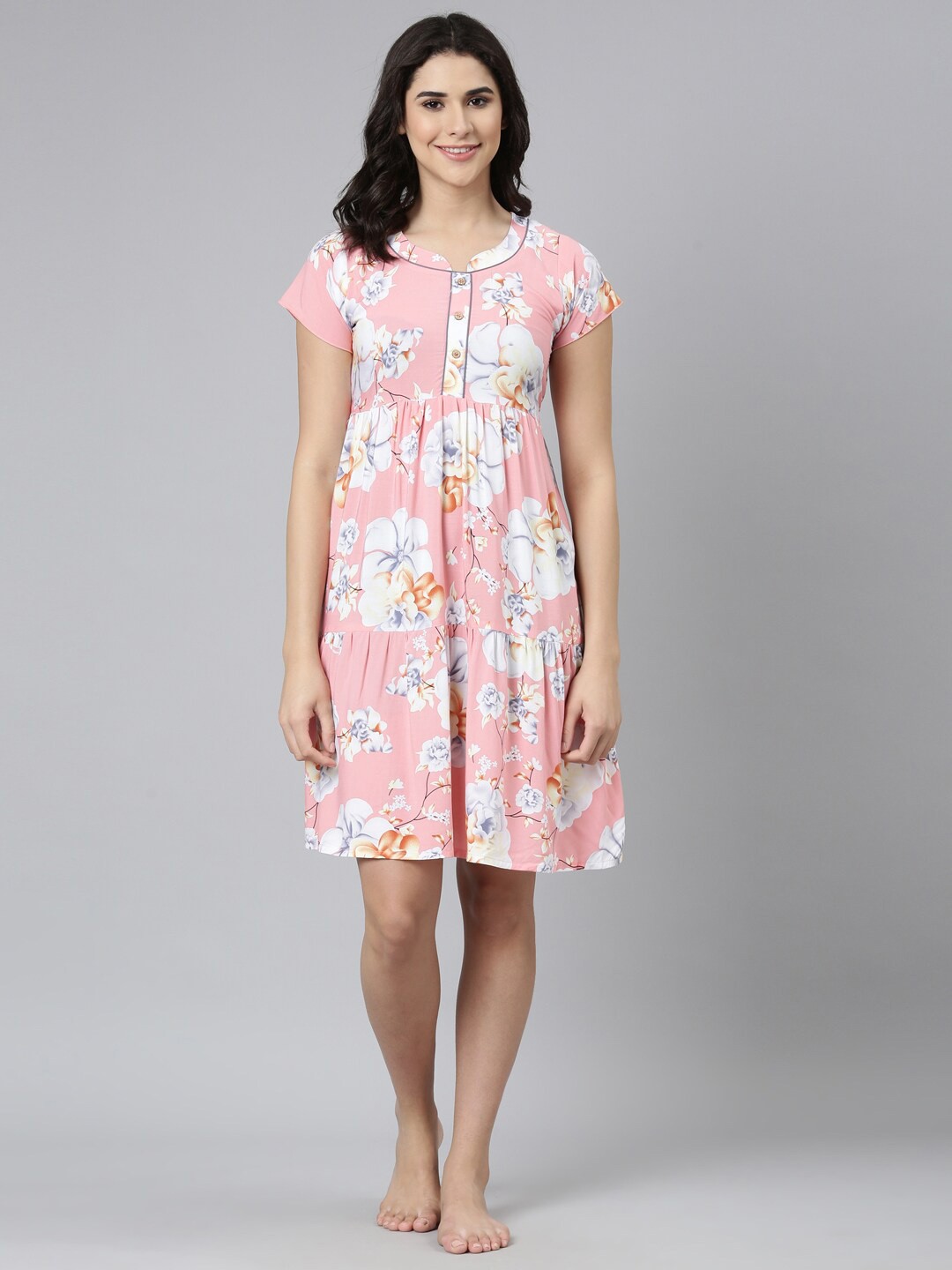 

GOLDSTROMS Floral Printed Mandarin Mock Collar Regular Nightdress, Peach