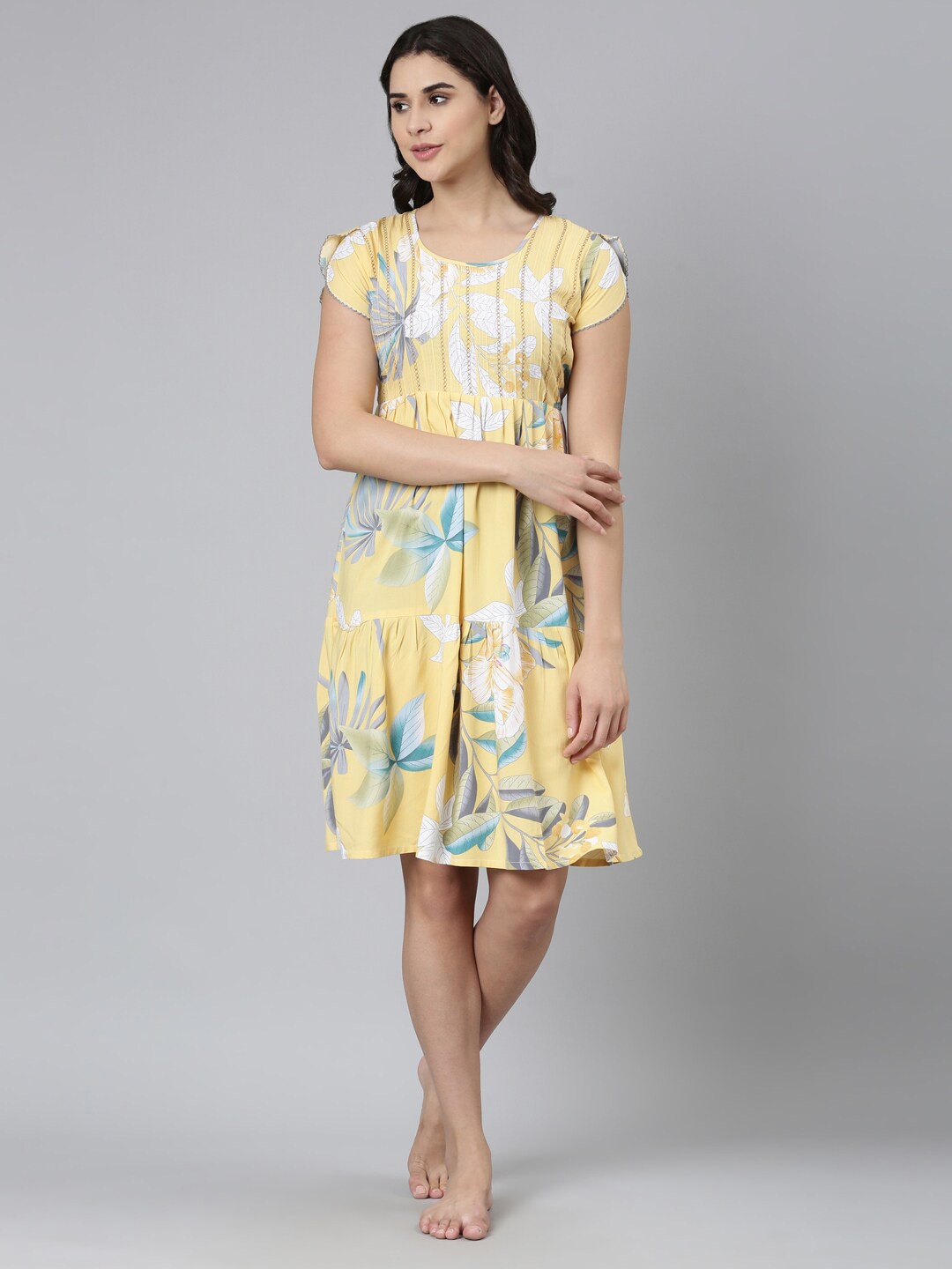 

GOLDSTROMS Floral Printed Round Neck Short Sleeve Regular Nightdress, Yellow