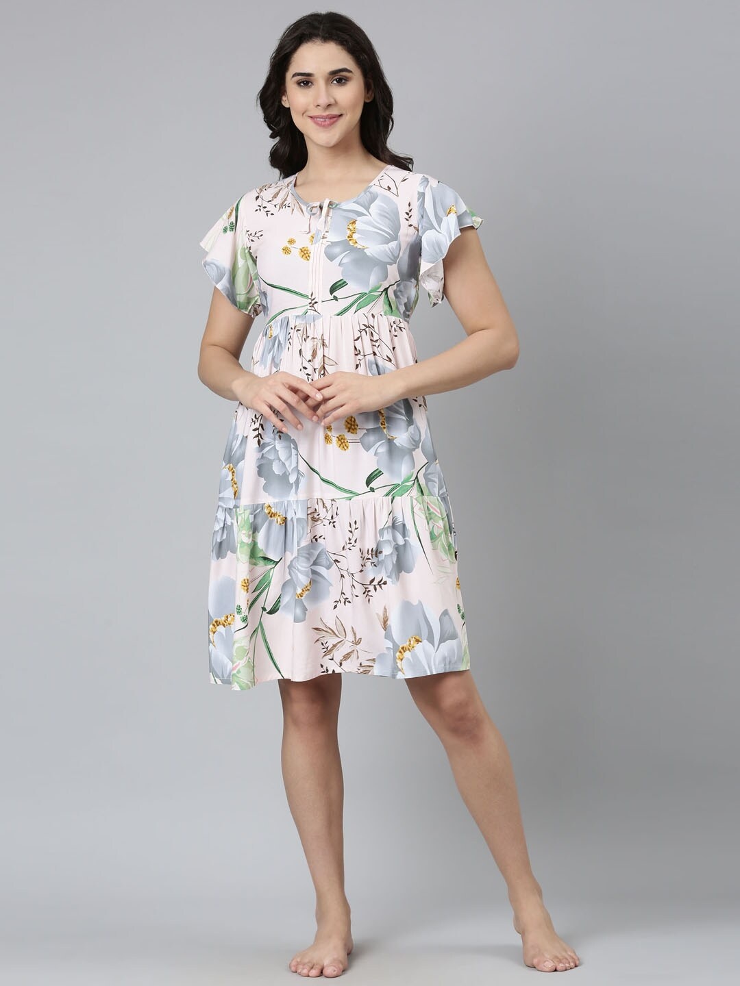 

GOLDSTROMS Floral Printed Round Neck Short Sleeve Regular Nightdress, Nude