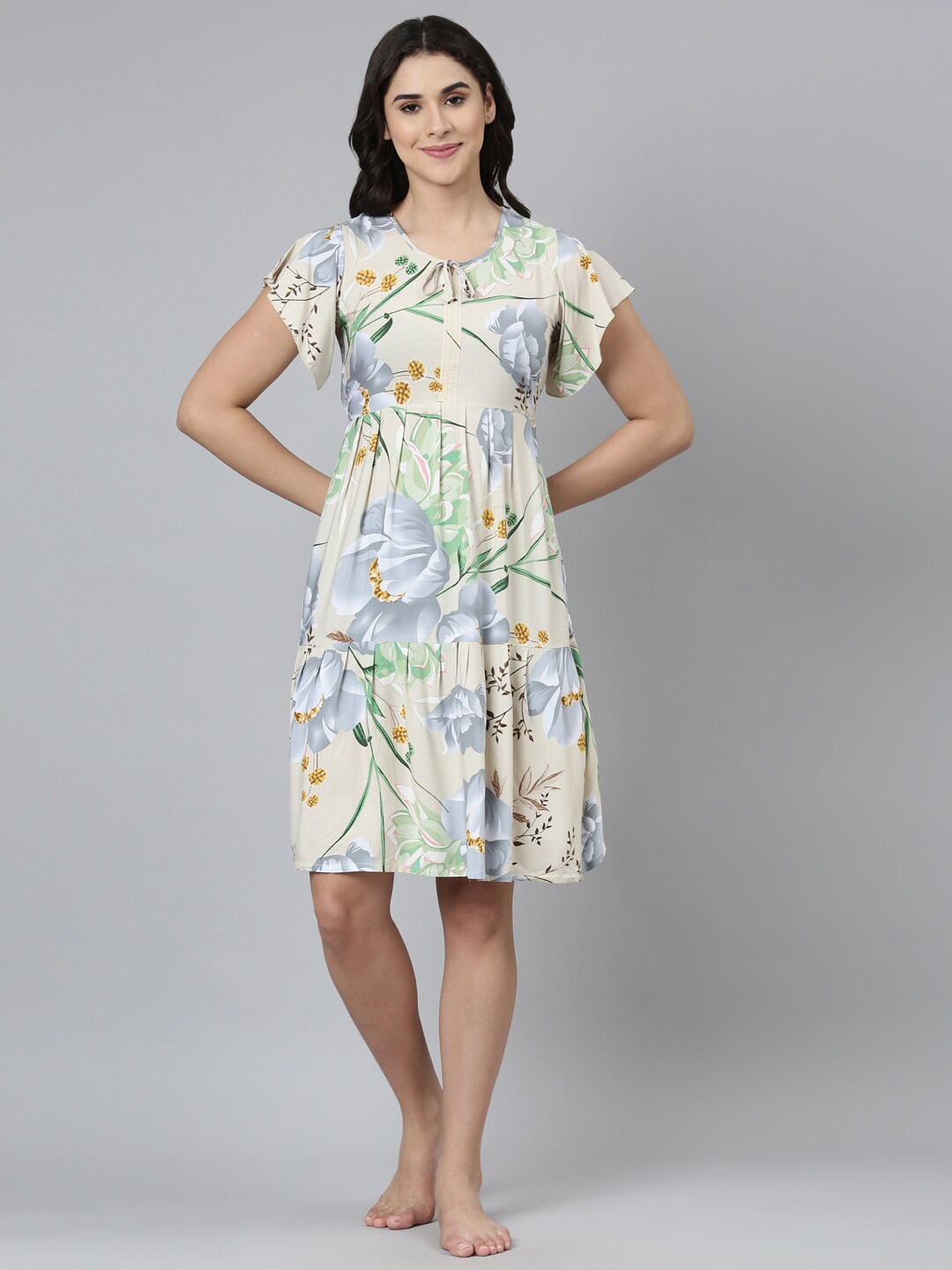 

GOLDSTROMS Floral Printed Flutter Sleeves Nightdress, Cream