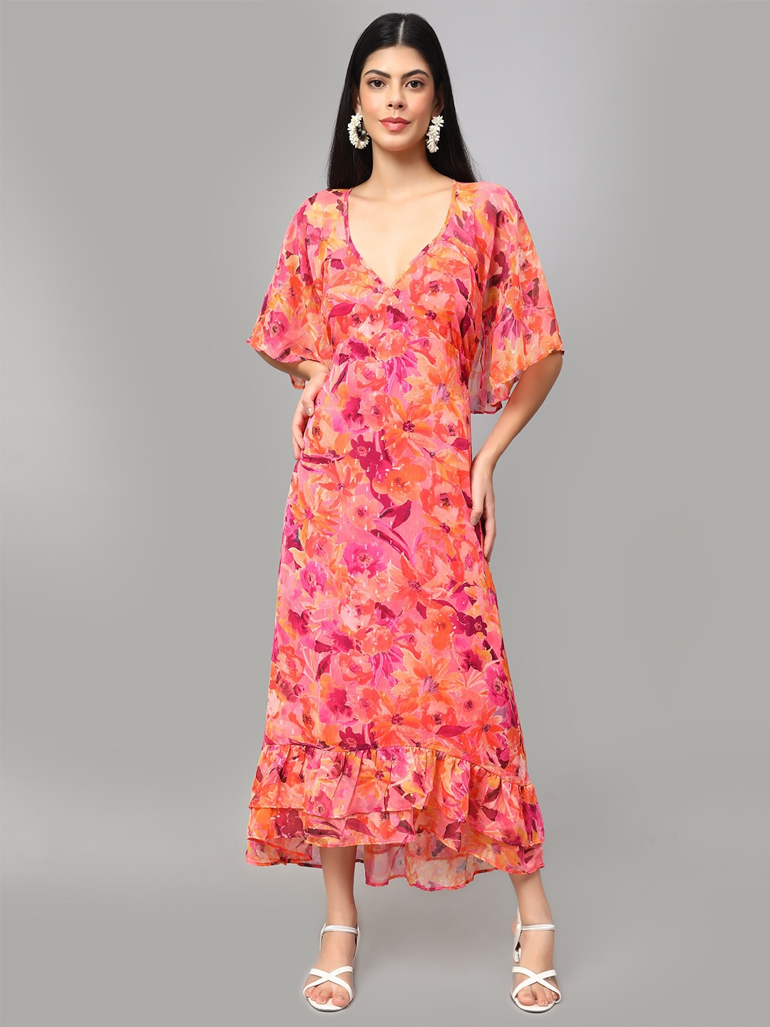 

Amagyaa Floral Printed V-Neck Cape Sleeves A-Line Dress, Orange