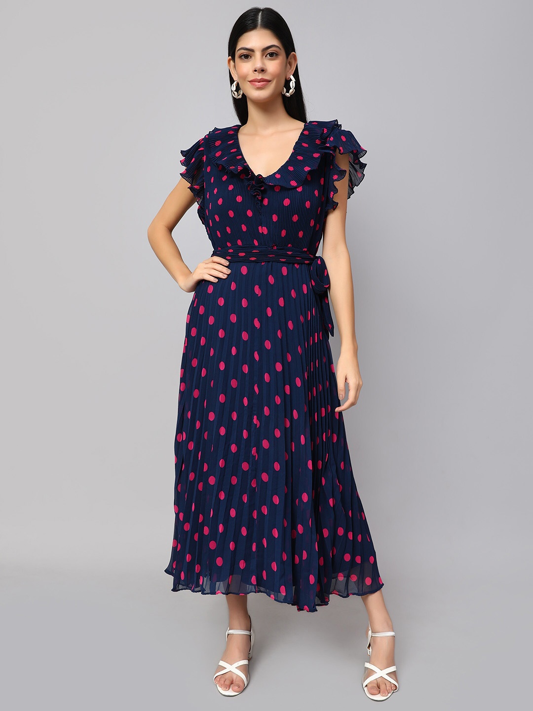 

Amagyaa Polka Dot Printed V-Neck Flutter Sleeves A-Line Dress, Navy blue