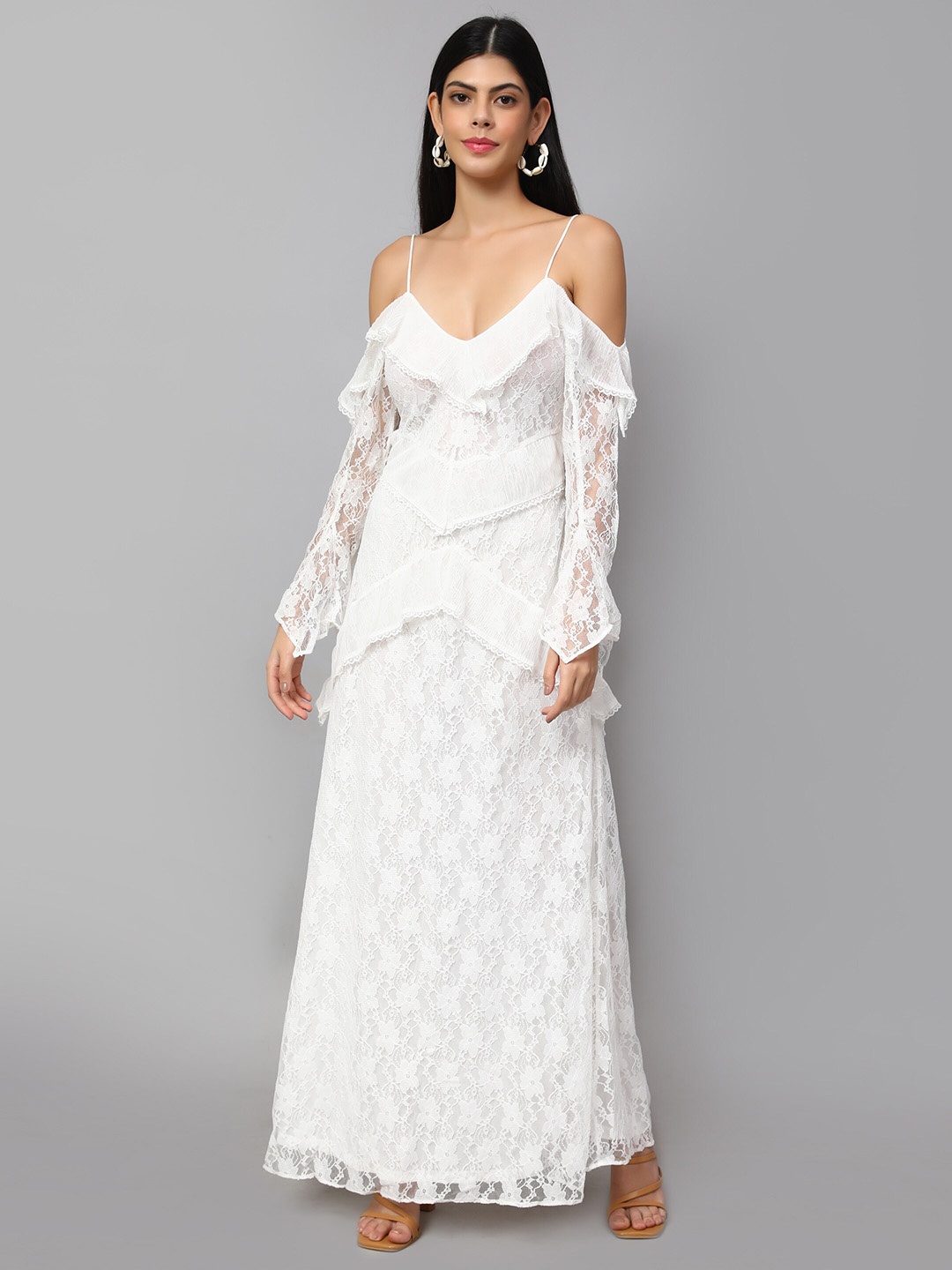 

Amagyaa Self Designed V-Neck Cold-Shoulder Maxi Dress, White