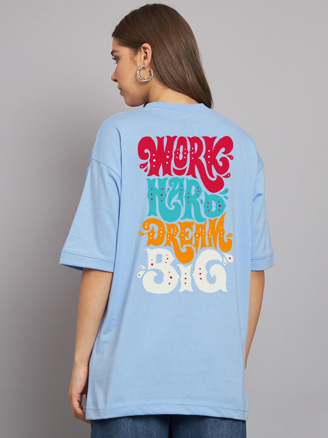

Imsa Moda Typography Printed Drop Shoulder Cotton Oversized Longline T-shirt, Blue