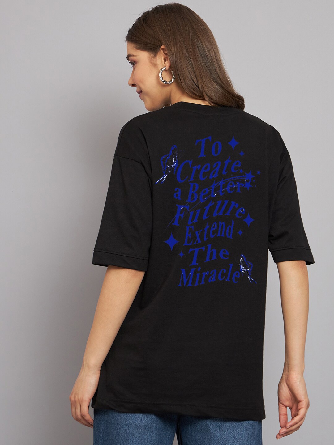 Imsa Moda Typography Printed Cotton Oversized-Fit Longline Casual T-Shirt, Black