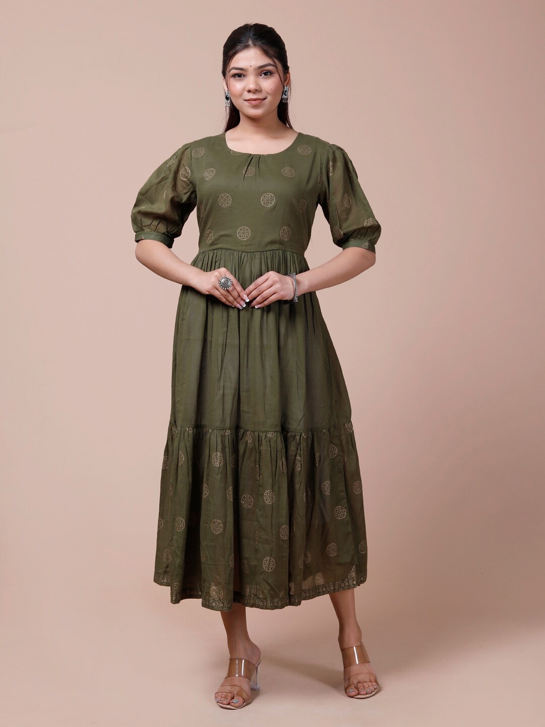 

DESI BEATS Ethnic Motifs Printed Puff Sleeves Cotton Fit & Flare Midi Ethnic Dress, Olive