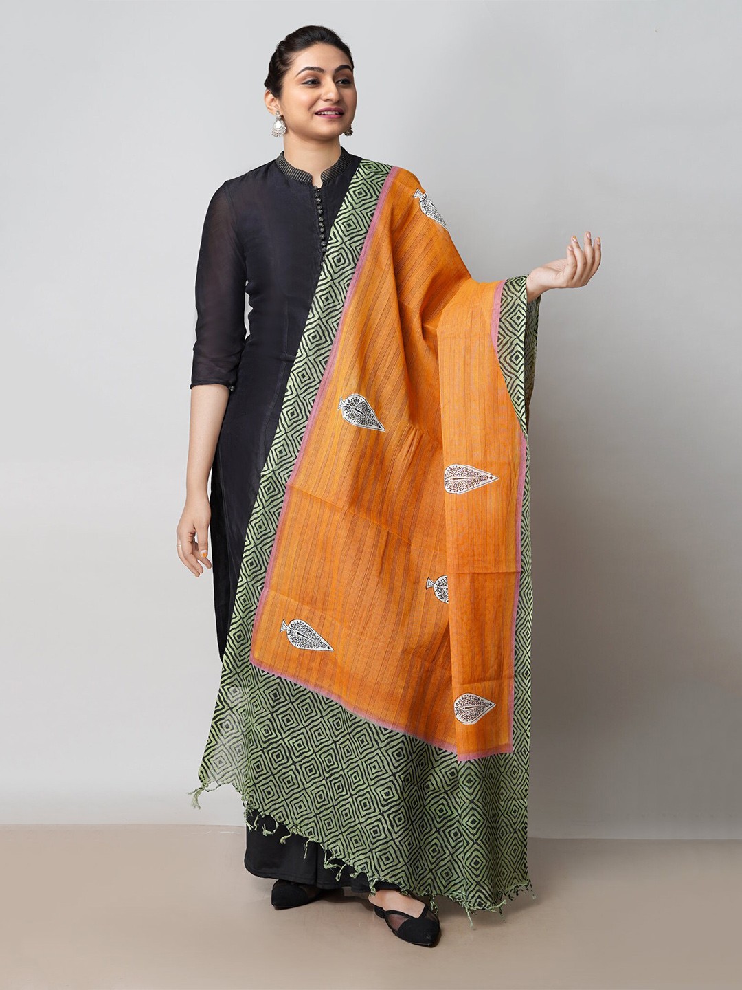 

Unnati Silks Ethnic Motifs Printed Pure Cotton Block Print Dupatta, Yellow