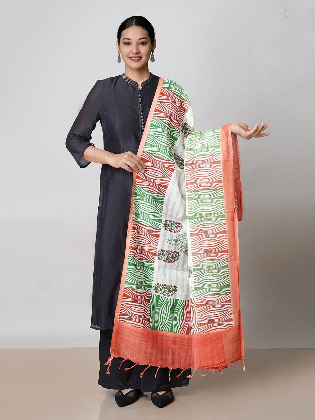 

Unnati Silks Ethnic Motifs Printed Pure Cotton Block Print Dupatta, Cream