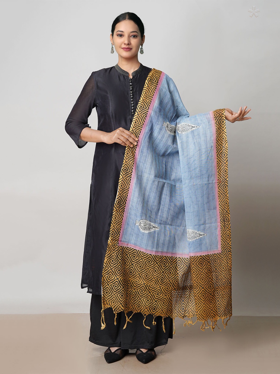 

Unnati Silks Ethnic Motifs Printed Pure Cotton Block Print Dupatta, Blue