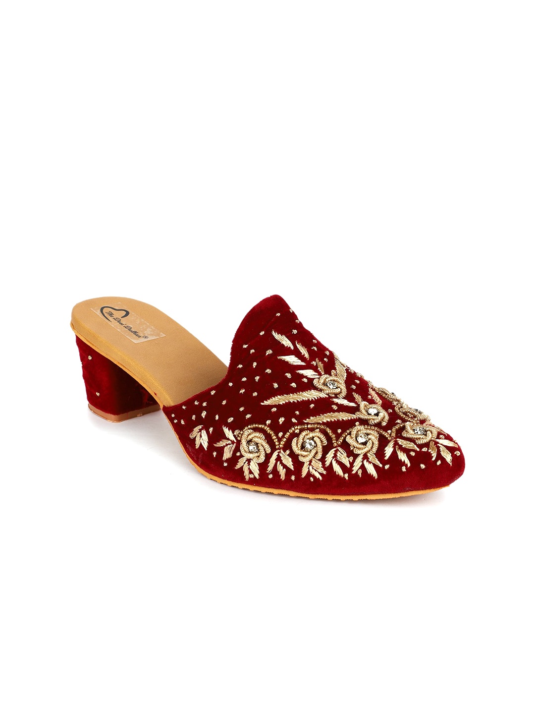 

The Desi Dulhan Embellished Pointed Toe Ethnic Block Mules, Maroon