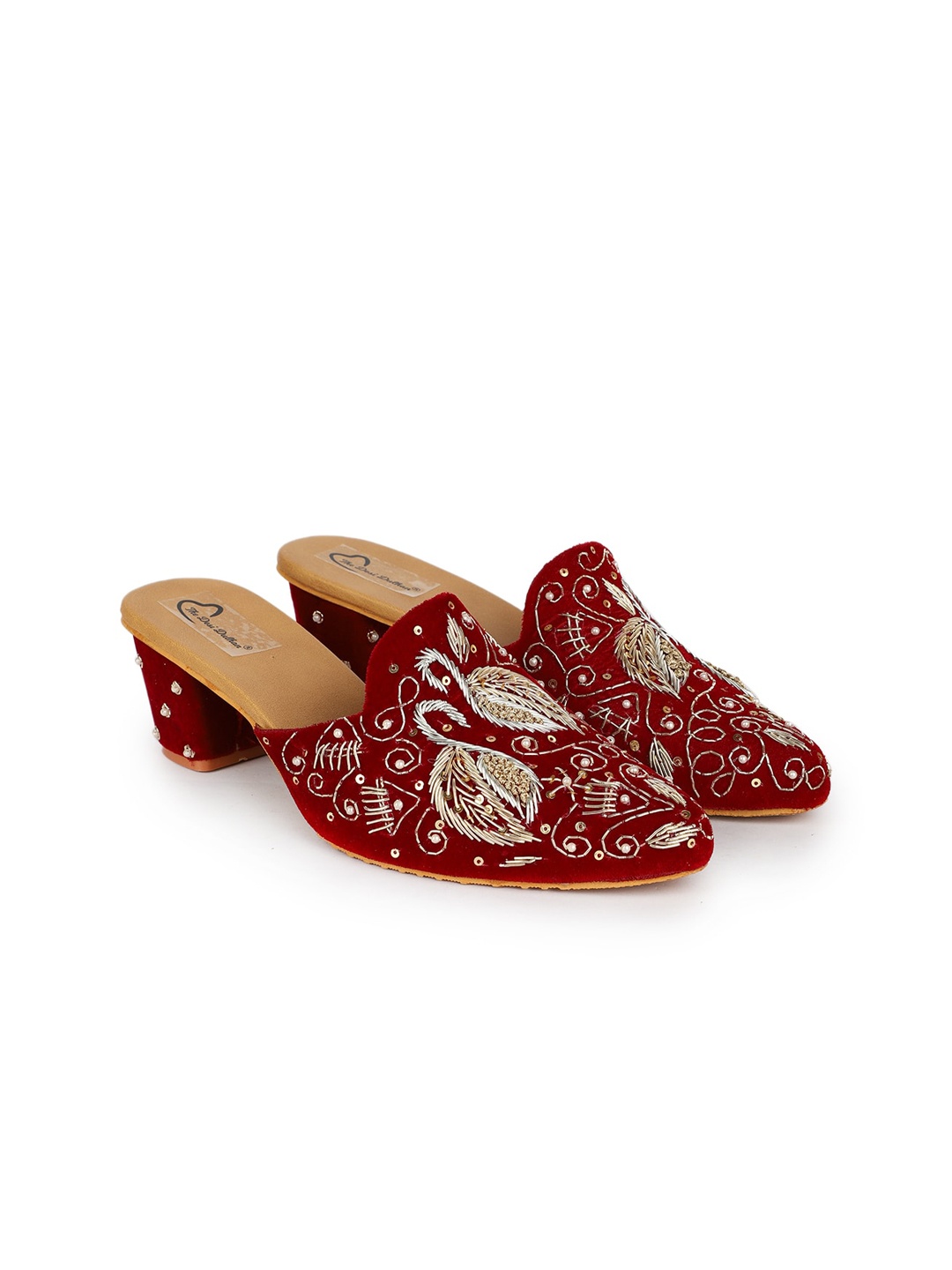 

The Desi Dulhan Embellished Pointed Toe Ethnic Block Mules, Maroon