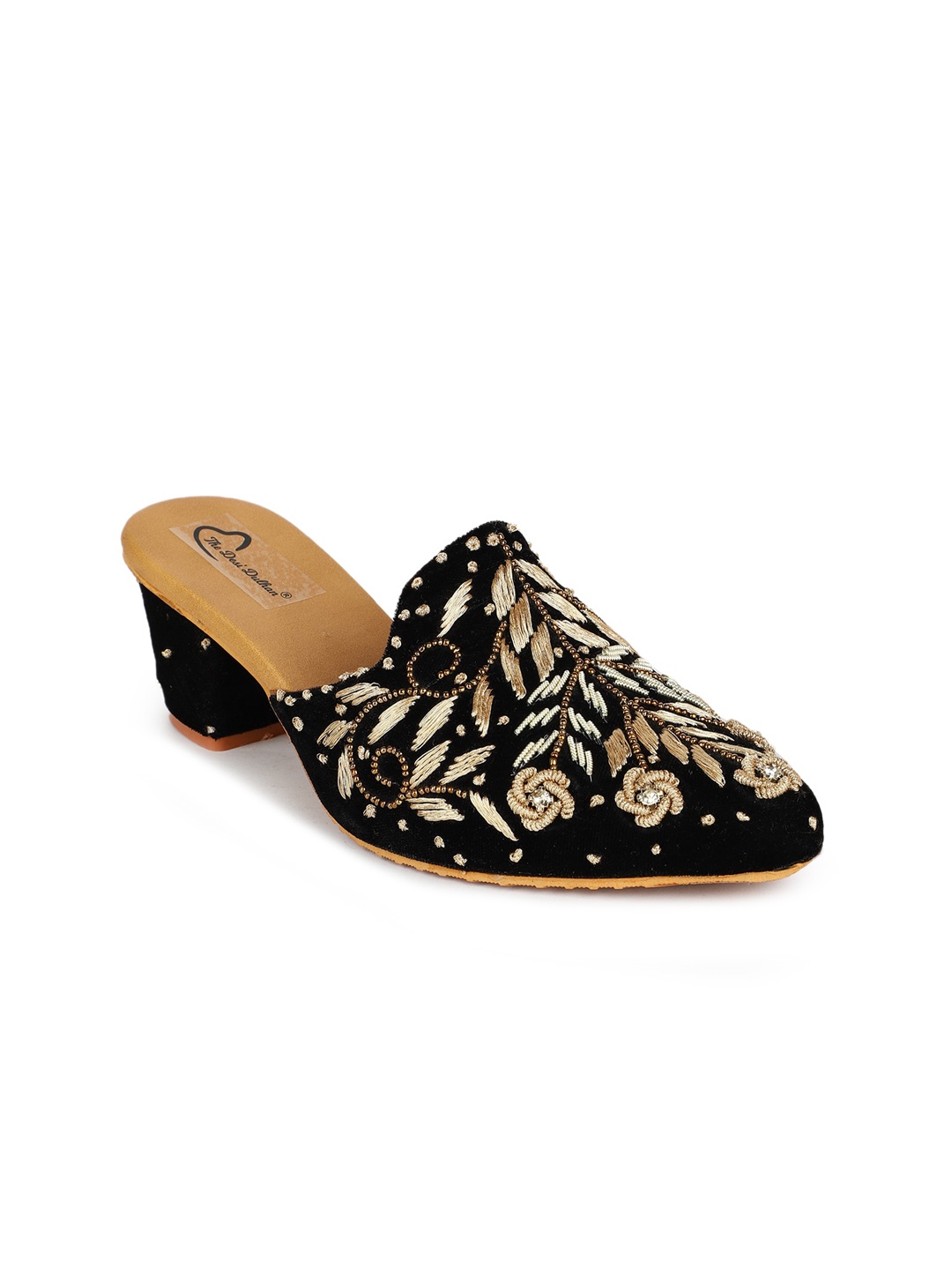 

The Desi Dulhan Embellished Pointed Toe Ethnic Block Mules, Black