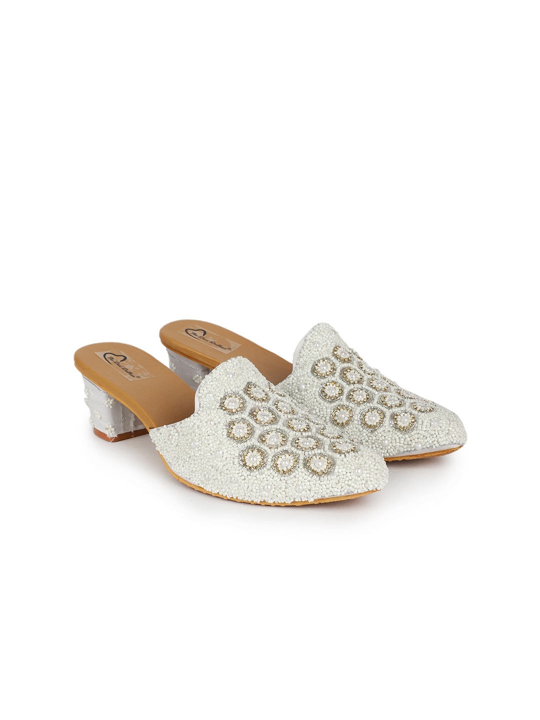 

The Desi Dulhan Pointed Toe Ethnic Embellished Block Mules, White