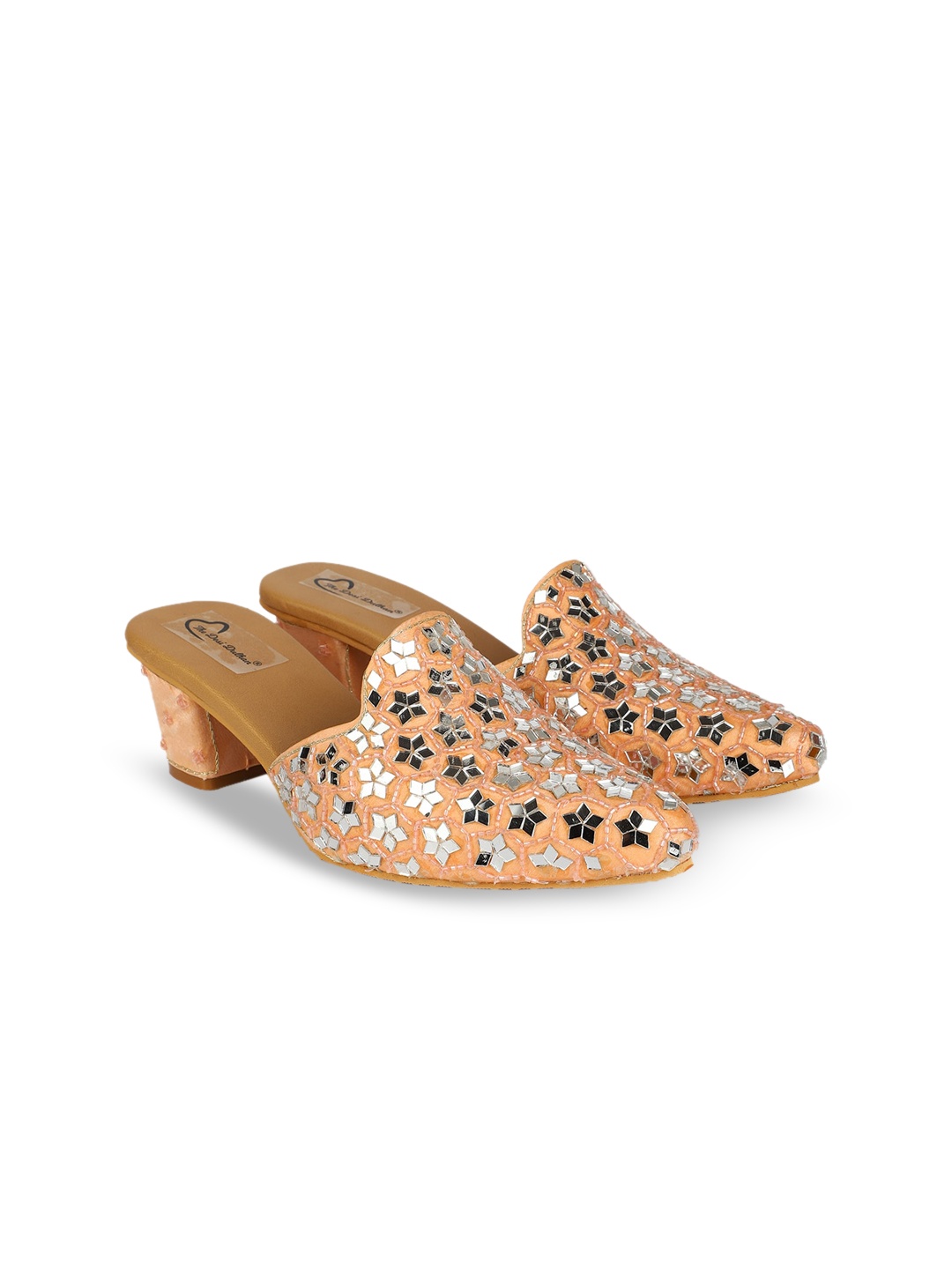 

The Desi Dulhan Pointed Toe Ethnic Embellished Block Mules, Peach