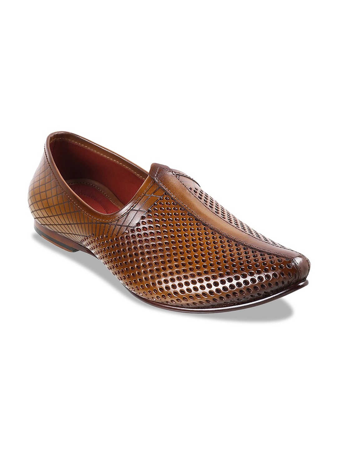 

Mochi Men Textured Perforated Leather Mojaris, Tan