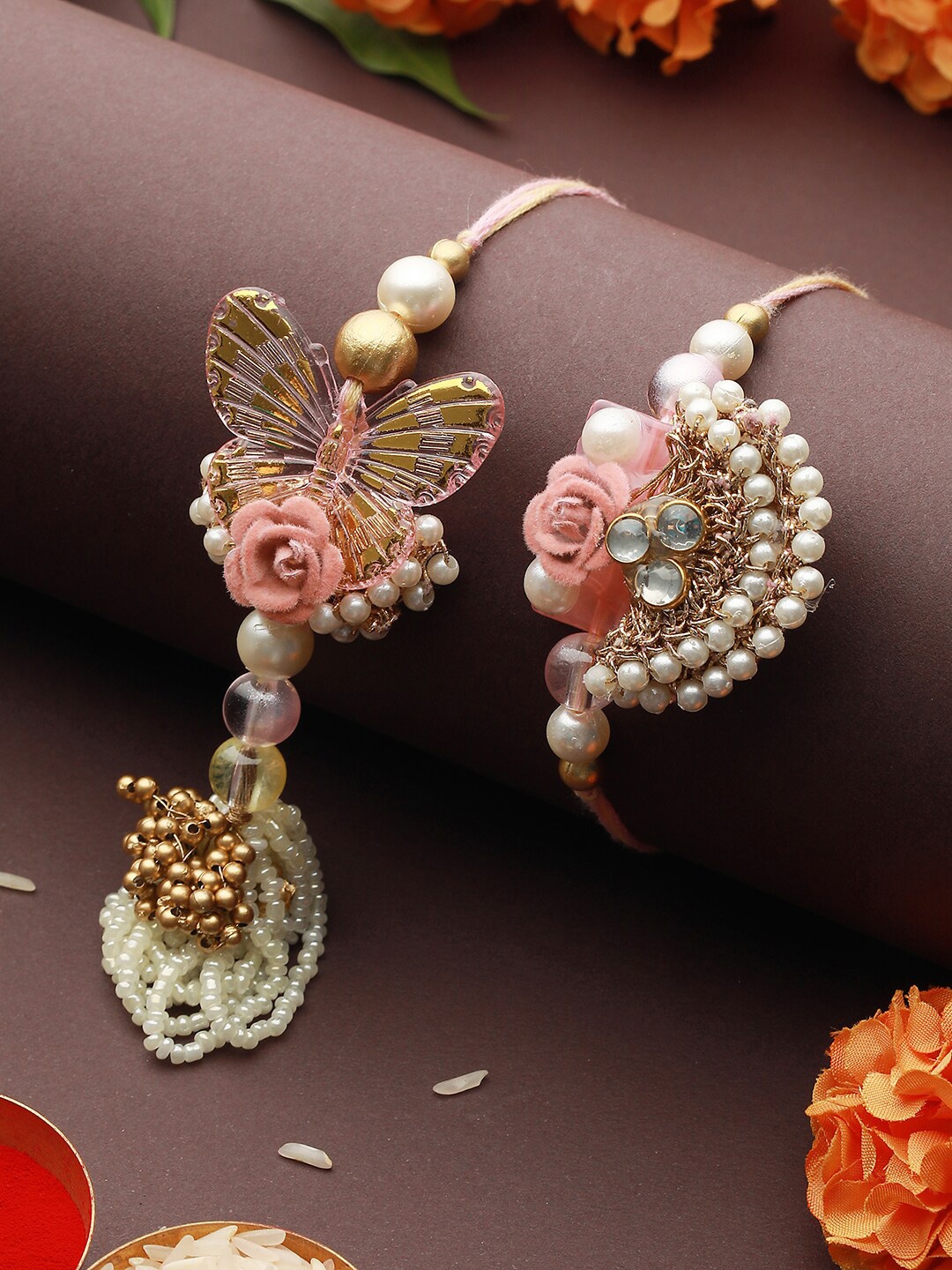 

Priyaasi Floral Butterfly Bhaiya Bhabhi Rakhi Set, Gold