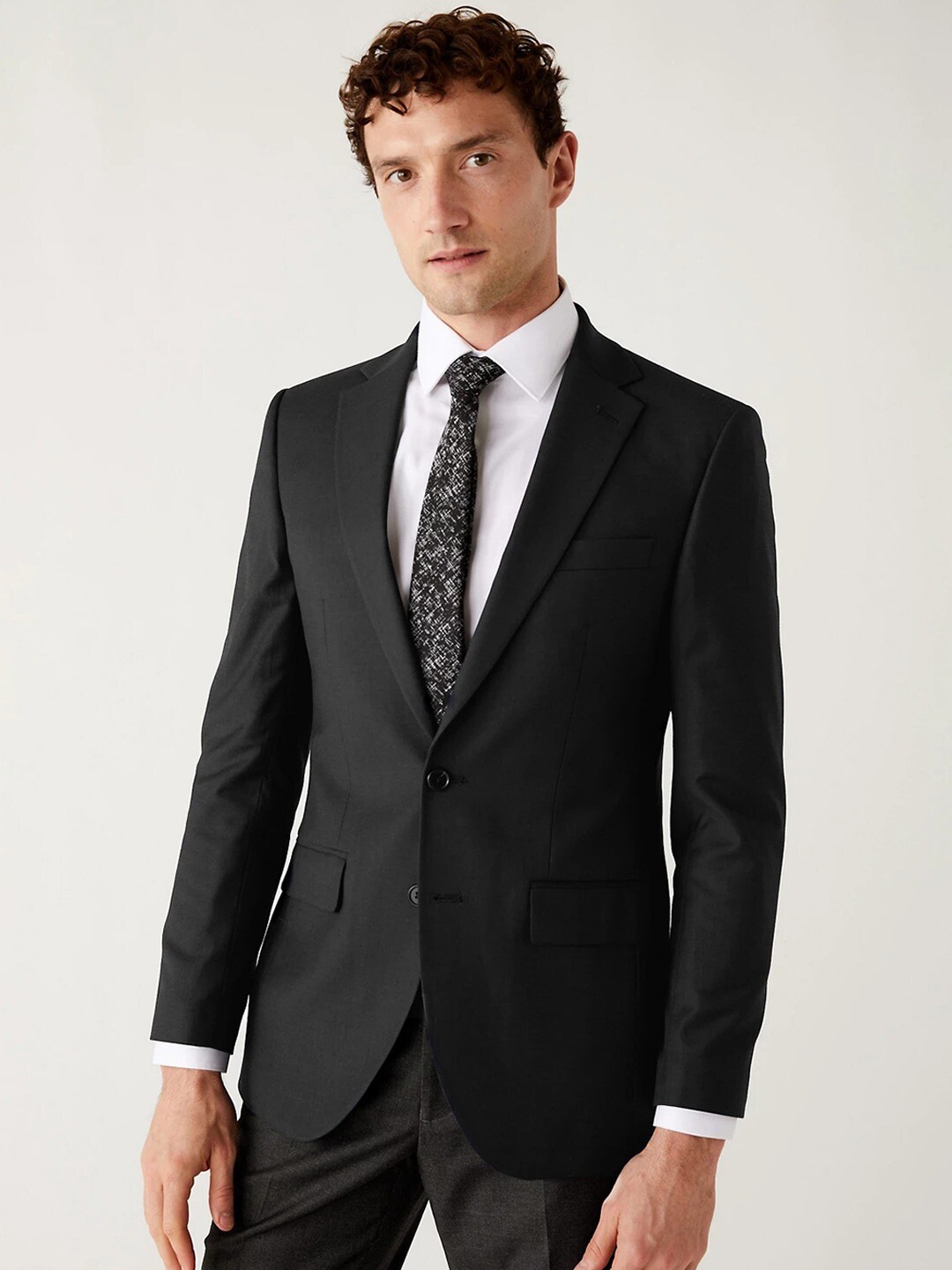 

Marks & Spencer Notched Lapel Collar Men Single-Breasted Slim-Fit Formal Blazer, Charcoal