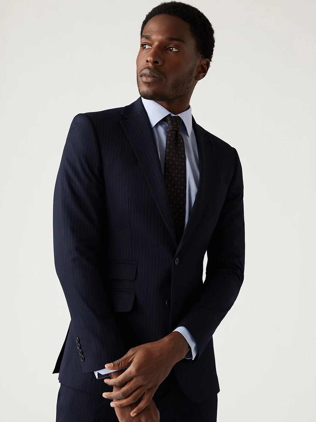 

Marks & Spencer Striped Single-Breasted Slim-Fit Formal Blazer, Navy blue