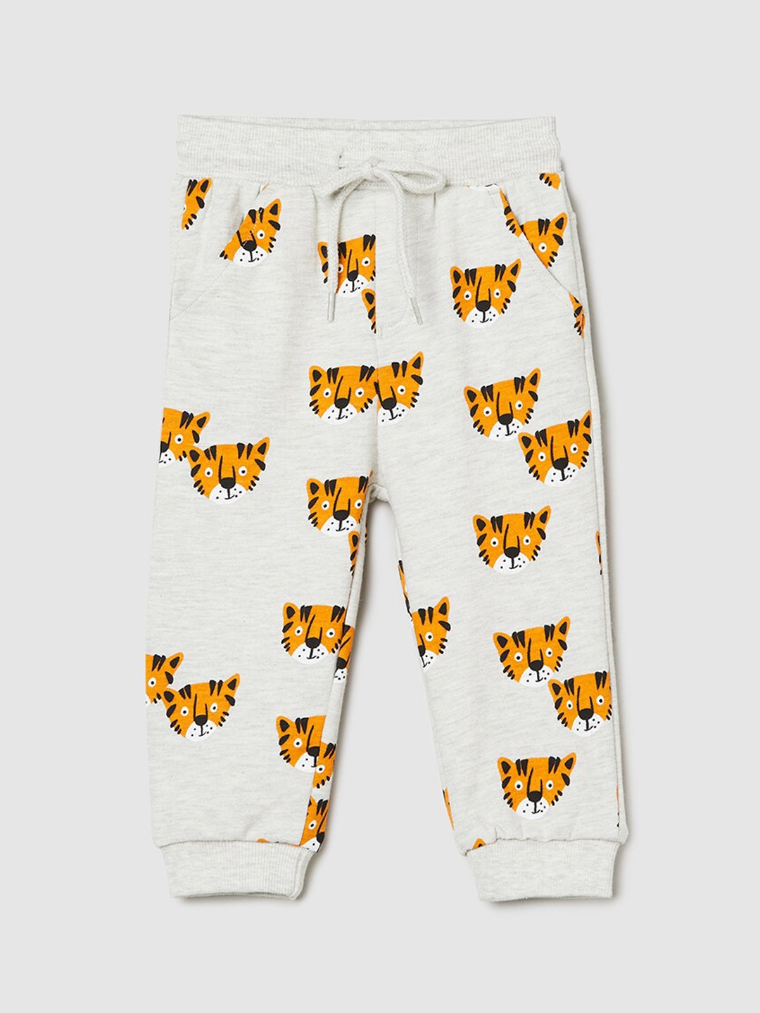 

max Infant Boys Conversational Printed Mid-Rise Pure Cotton Joggers, Grey melange