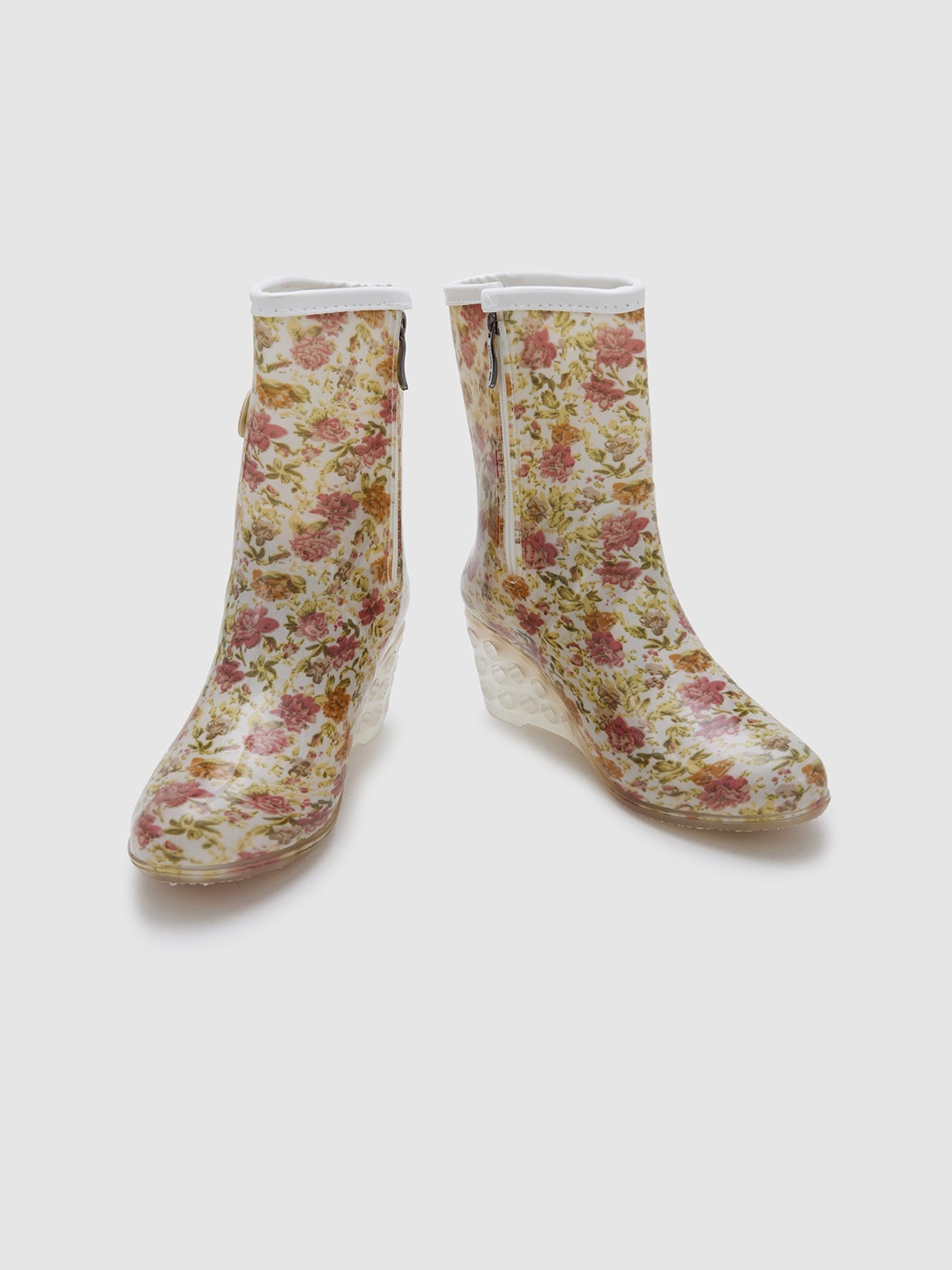 

Sole To Soul Women Floral Printed Wedge Heeled Waterproof Non-Slip Rain Boots, Beige