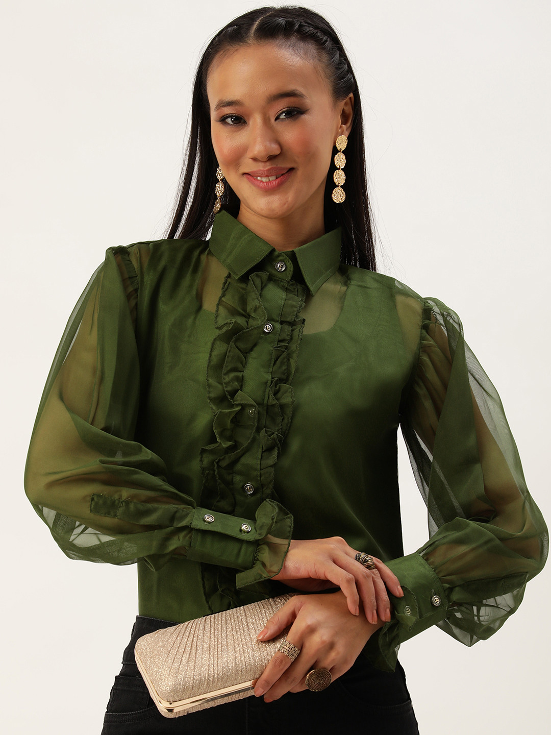 

LOOKNBOOK ART Women Ruffled Casual Shirt, Olive