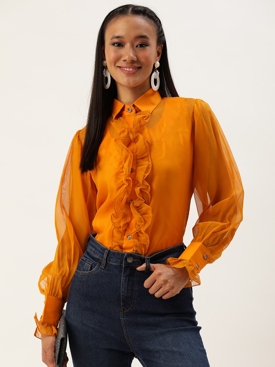 

LOOKNBOOK ART Women Ruffled Casual Shirt, Orange