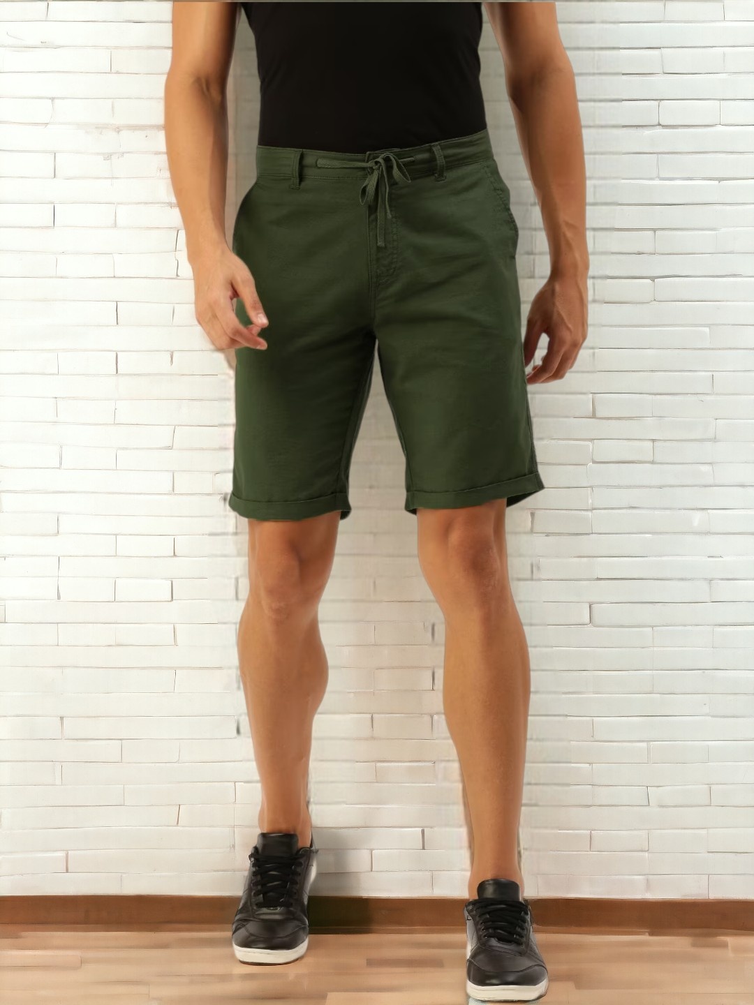 

Bene Kleed Men Solid Cotton Linen Slim Fit Shorts, Olive