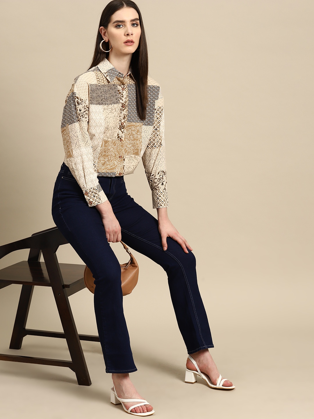 

all about you Standard Ethnic Printed Lobgline Casual Shirt, Beige