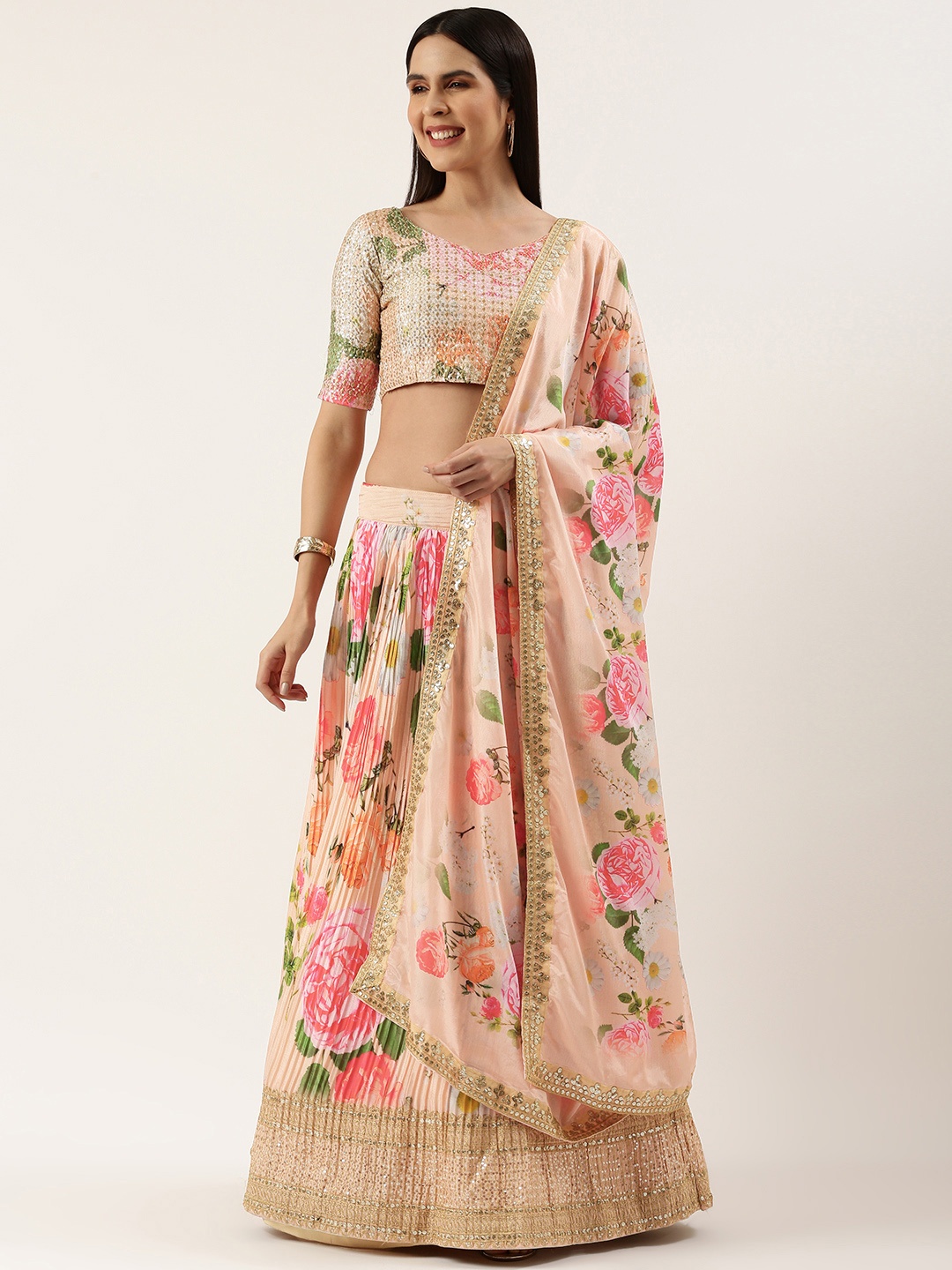 

LOOKNBOOK ART Embroidered Sequinned Unstitched Lehenga & Blouse With Dupatta, Peach