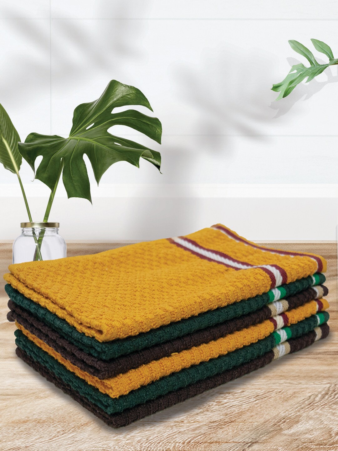 

Athom Trendz Green & Mustard Yellow 6 Pieces Popcorn Textured Pure Cotton Hand Towels