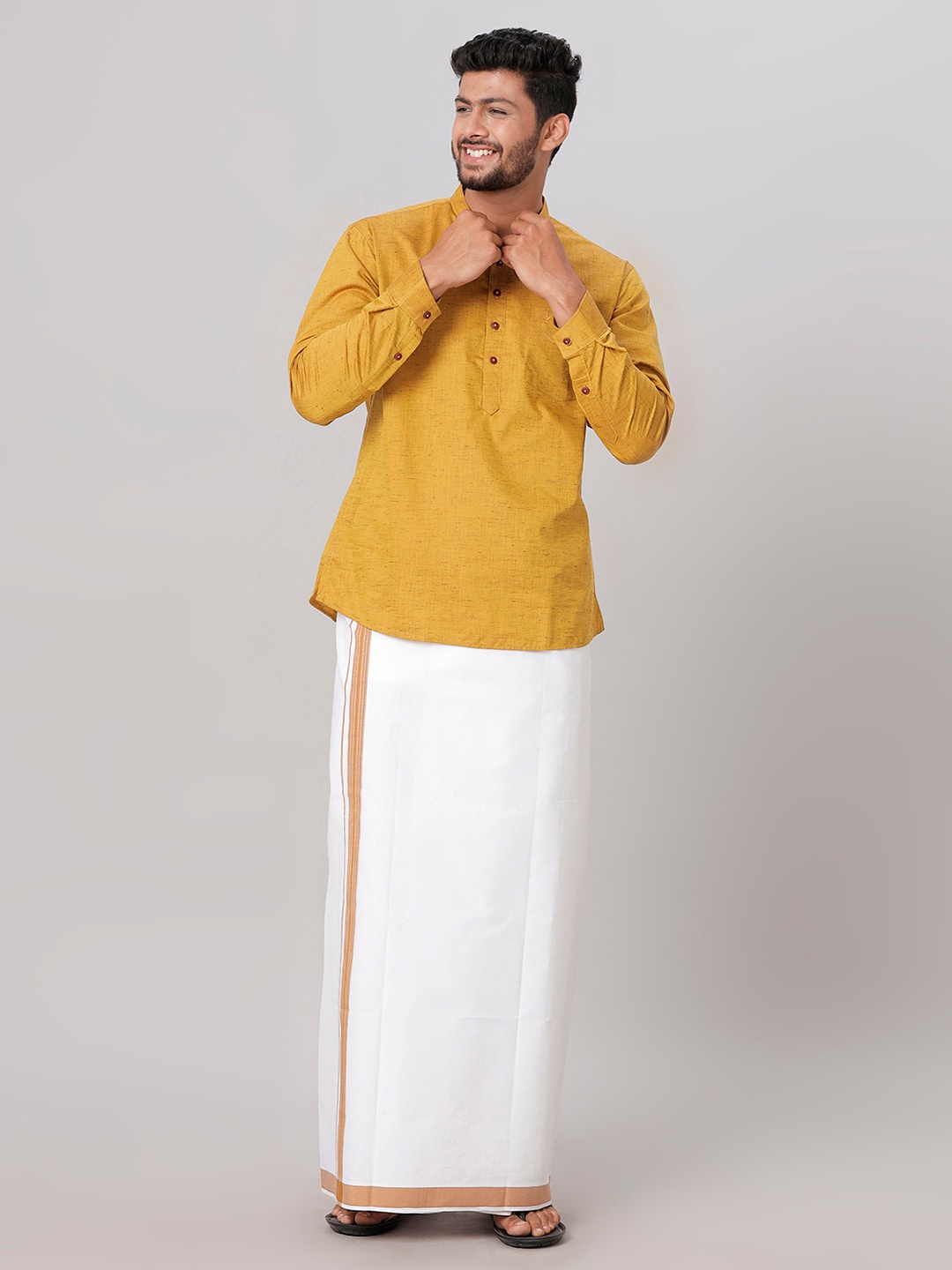 

Ramraj Mandarin Collar Short Kurta With Veshti, Mustard