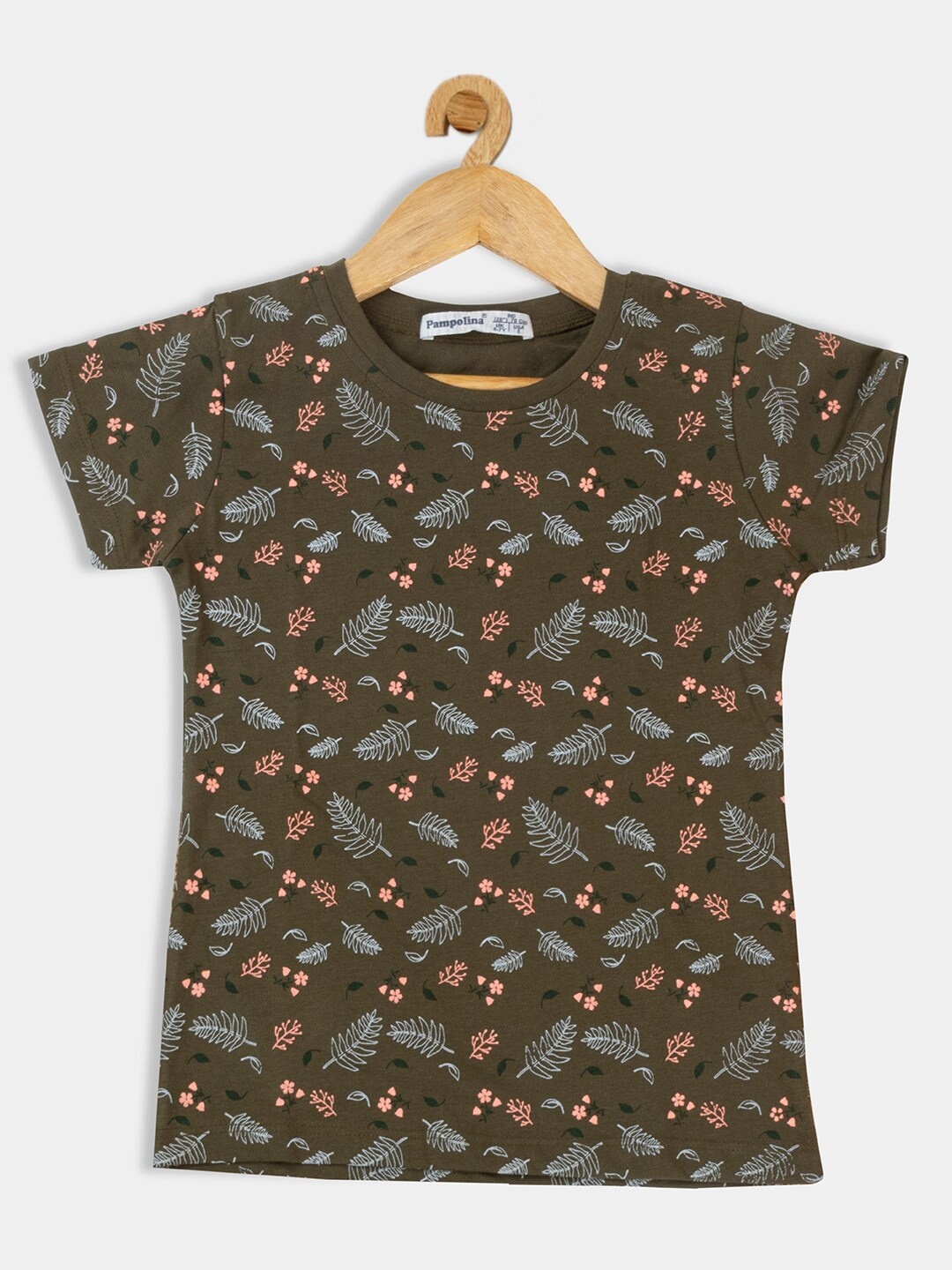 

PAMPOLINA Girls Floral Printed Cotton T-Shirt, Olive
