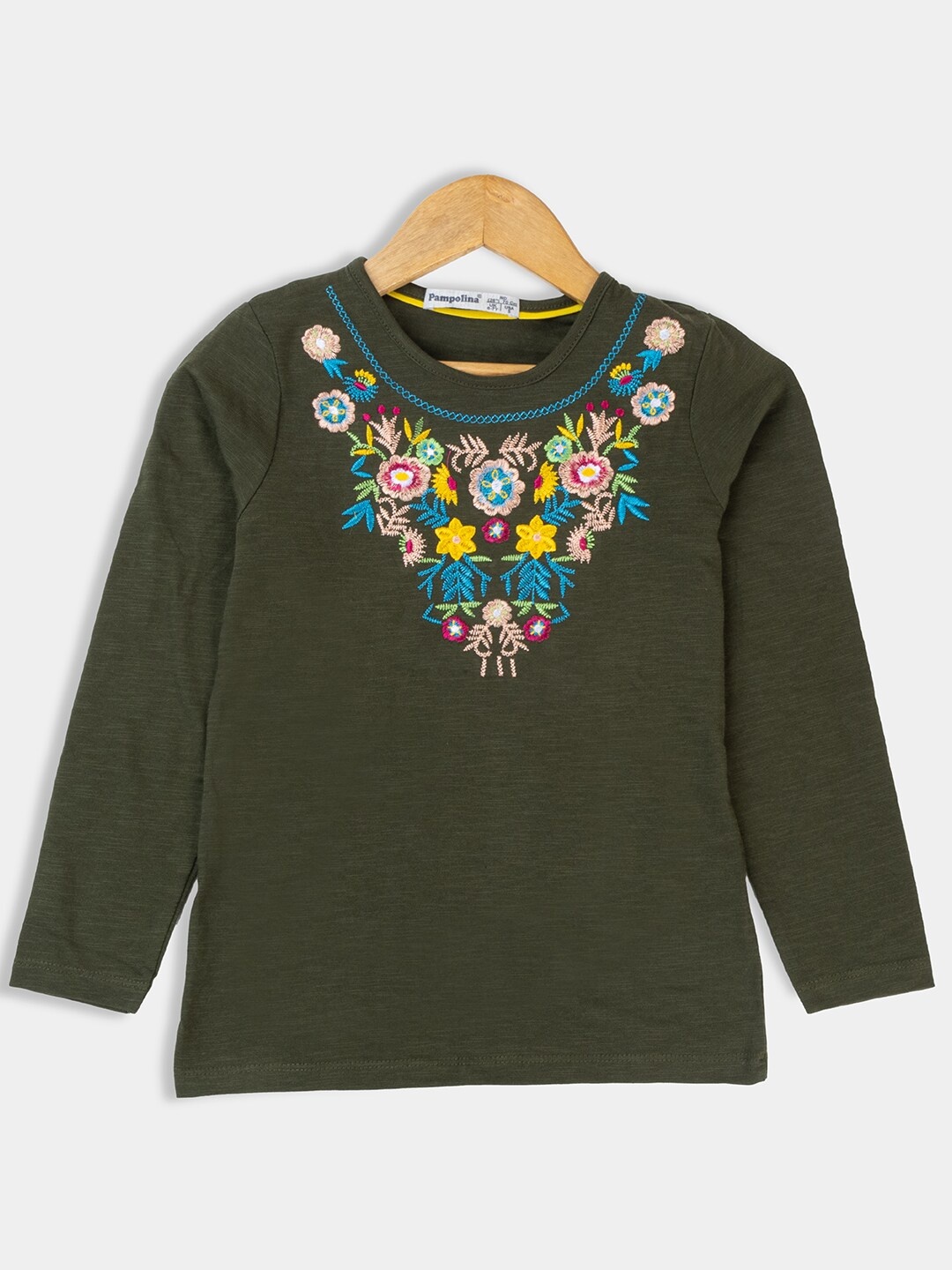 

PAMPOLINA Girls Floral Embroidered Cotton Top, Olive