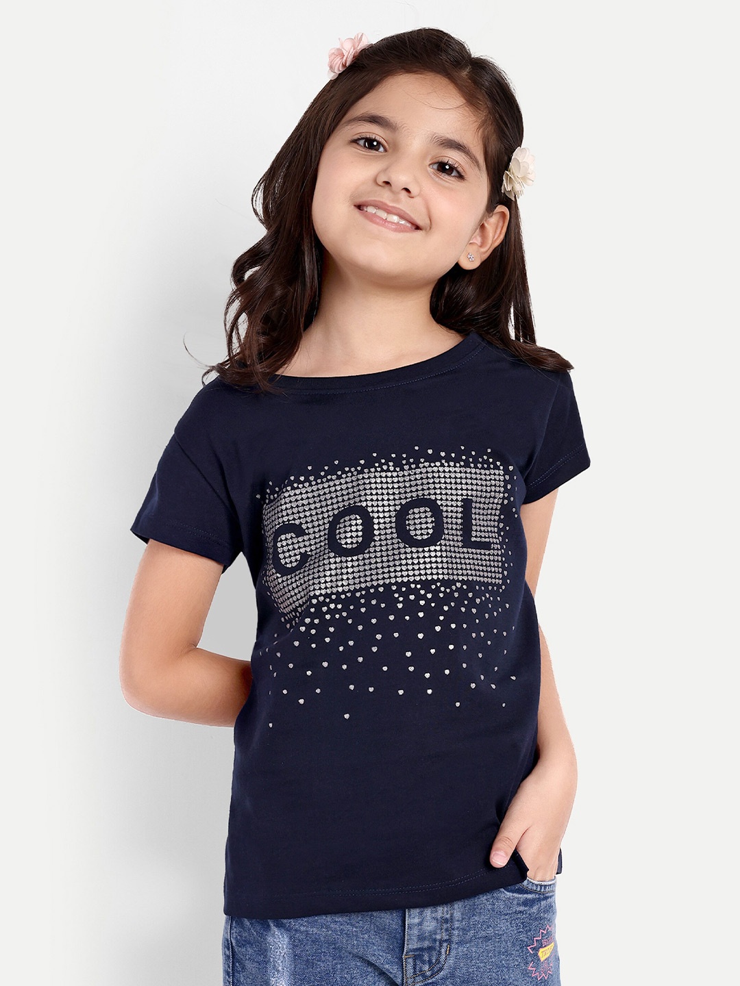 

PAMPOLINA Girls Typography Printed Cotton Top, Navy blue