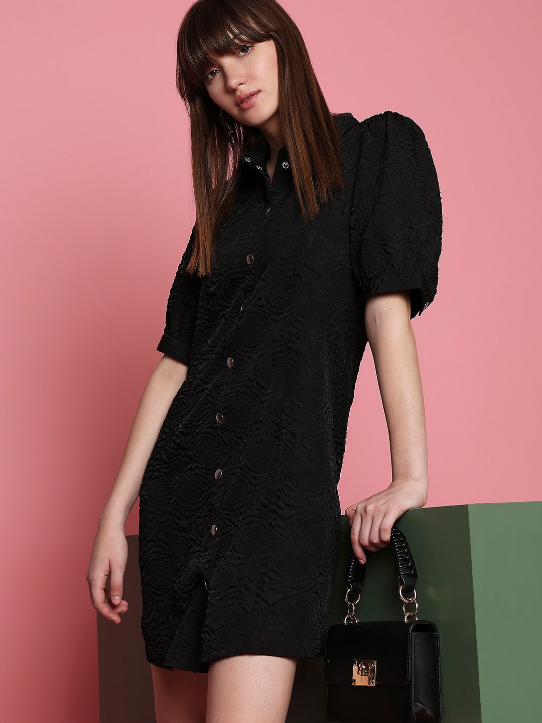 

Vero Moda Self-Design Shirt Collar Shirt Dress, Black