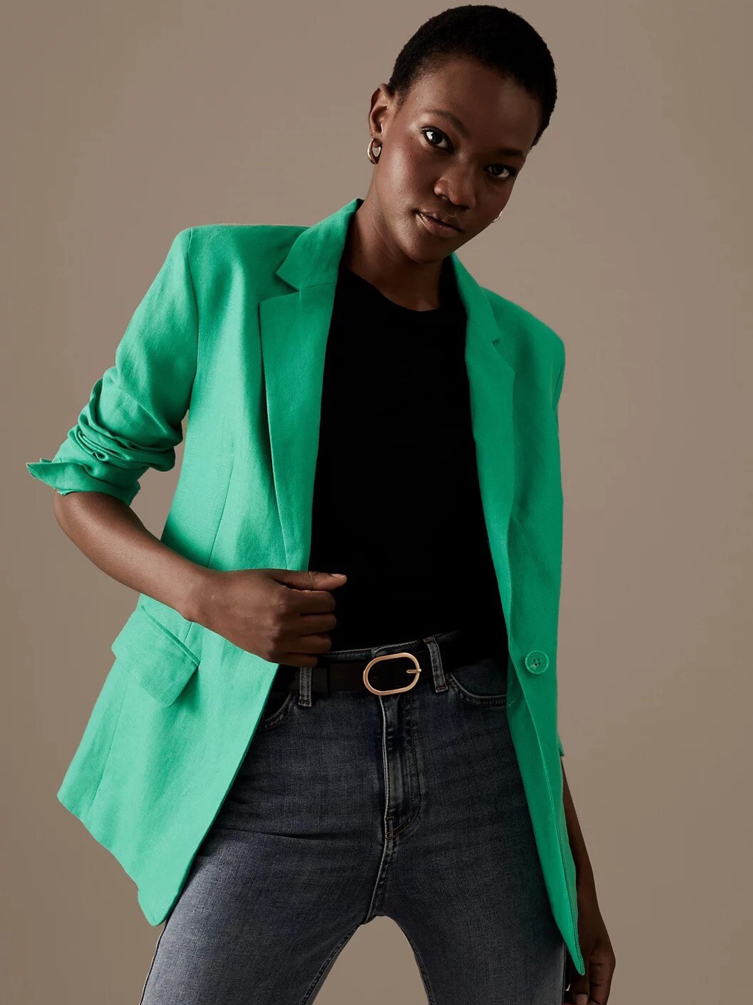 

Marks & Spencer Notched Lapel Collar Single-Breasted Linen Blazer, Green