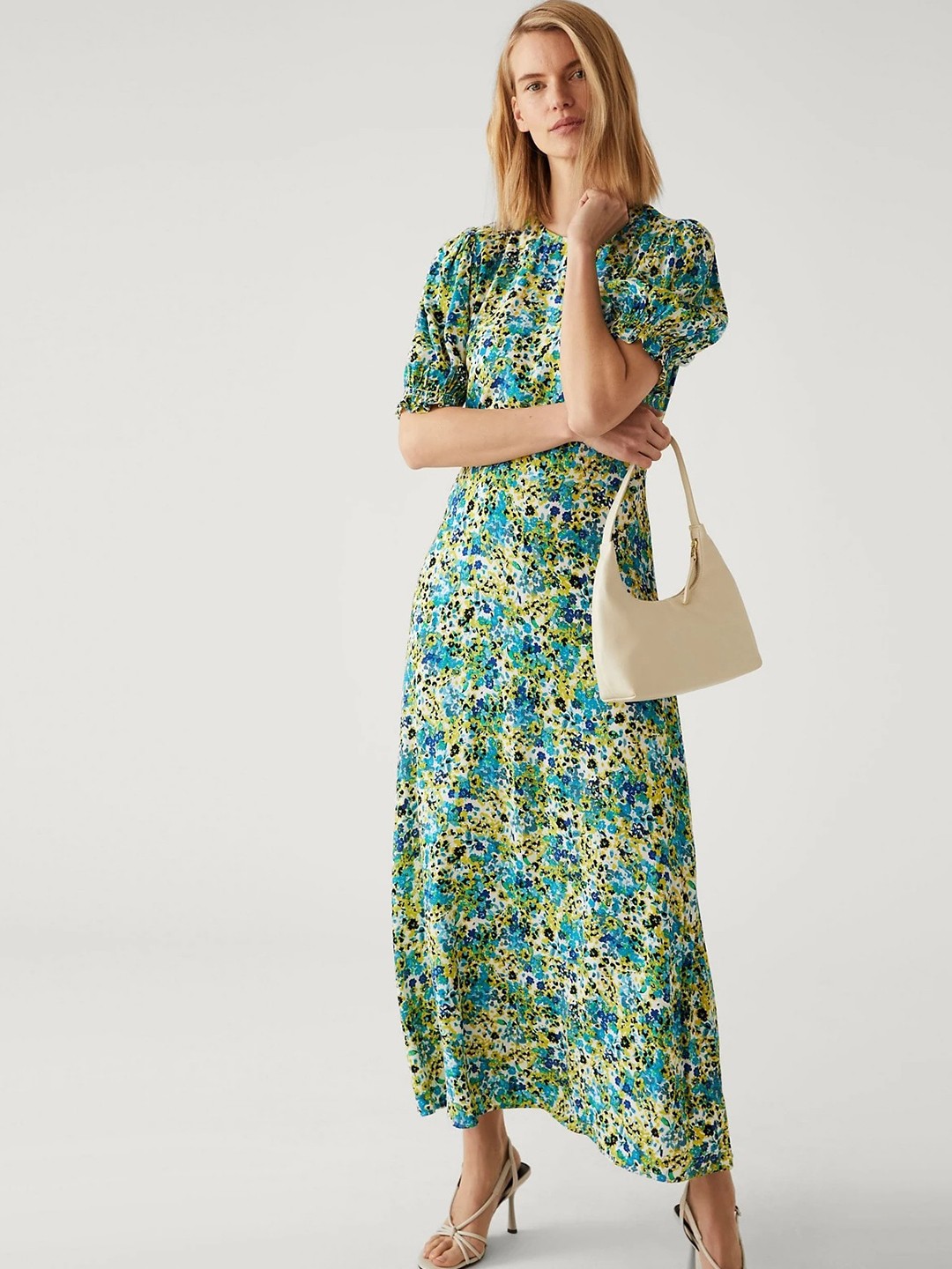 

Marks & Spencer Floral Printed Puff Sleeves A-Line Midi Dress, White