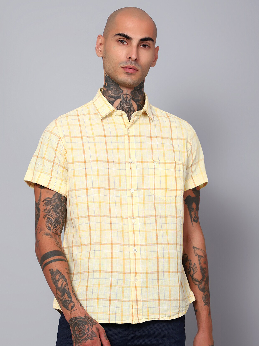 

Cantabil Comfort Opaque Checked Cotton Linen Casual Shirt, Yellow