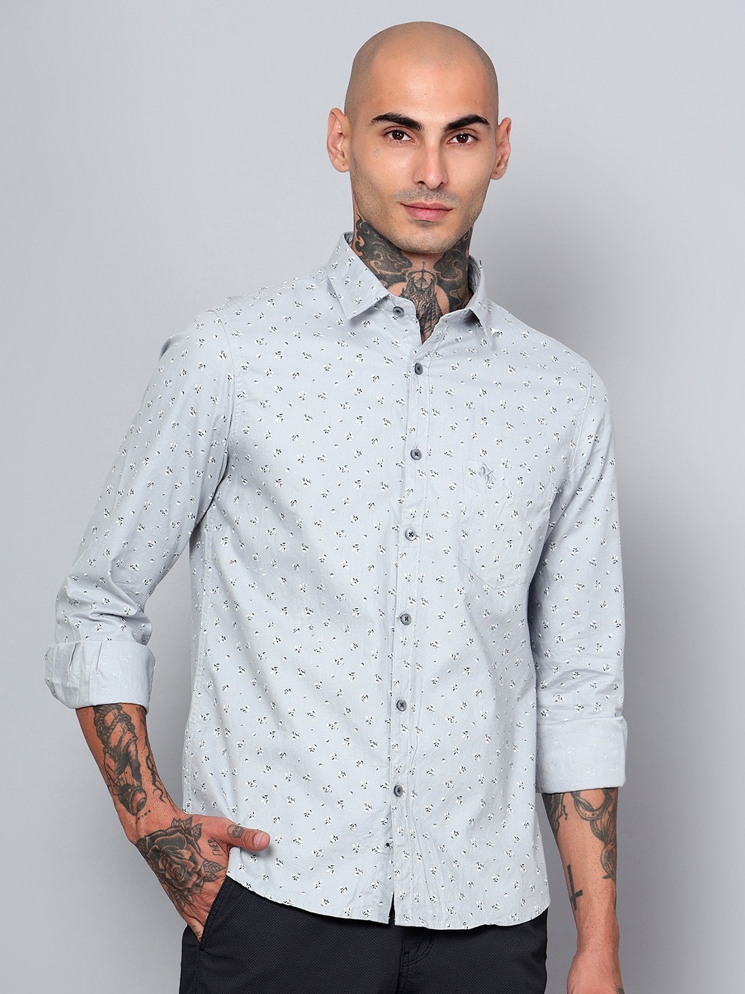 Cantabil Comfort Floral Opaque Printed Cotton Casual Shirt, Grey