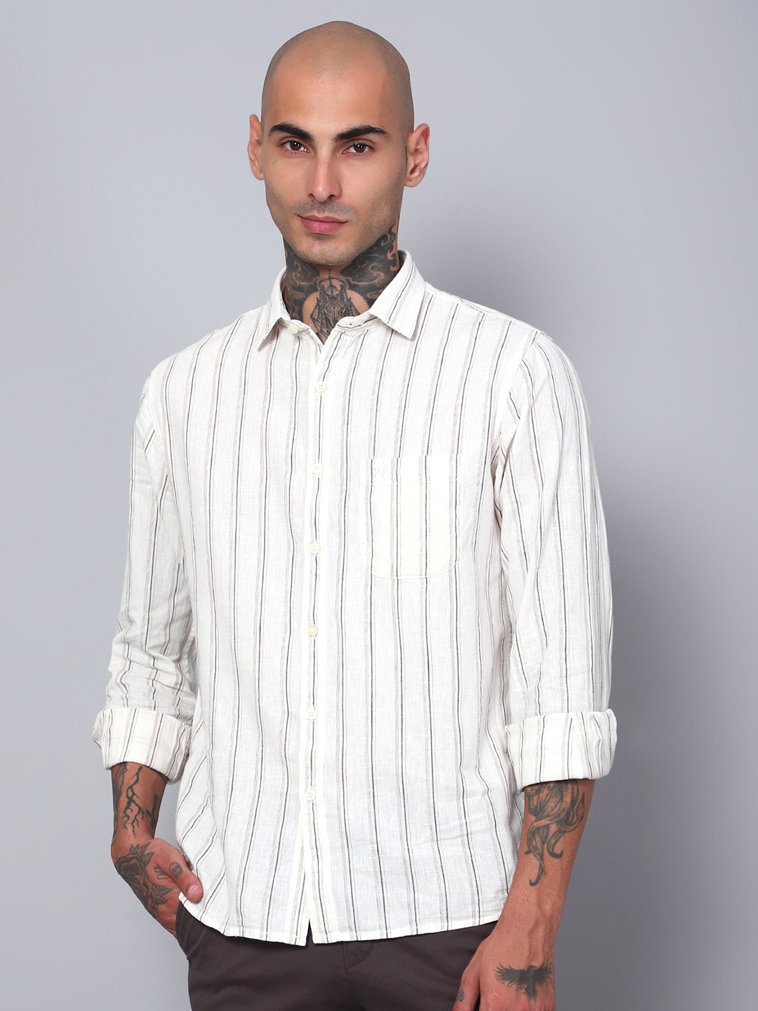 

Cantabil Comfort Vertical Striped Cotton Casual Shirt, Beige