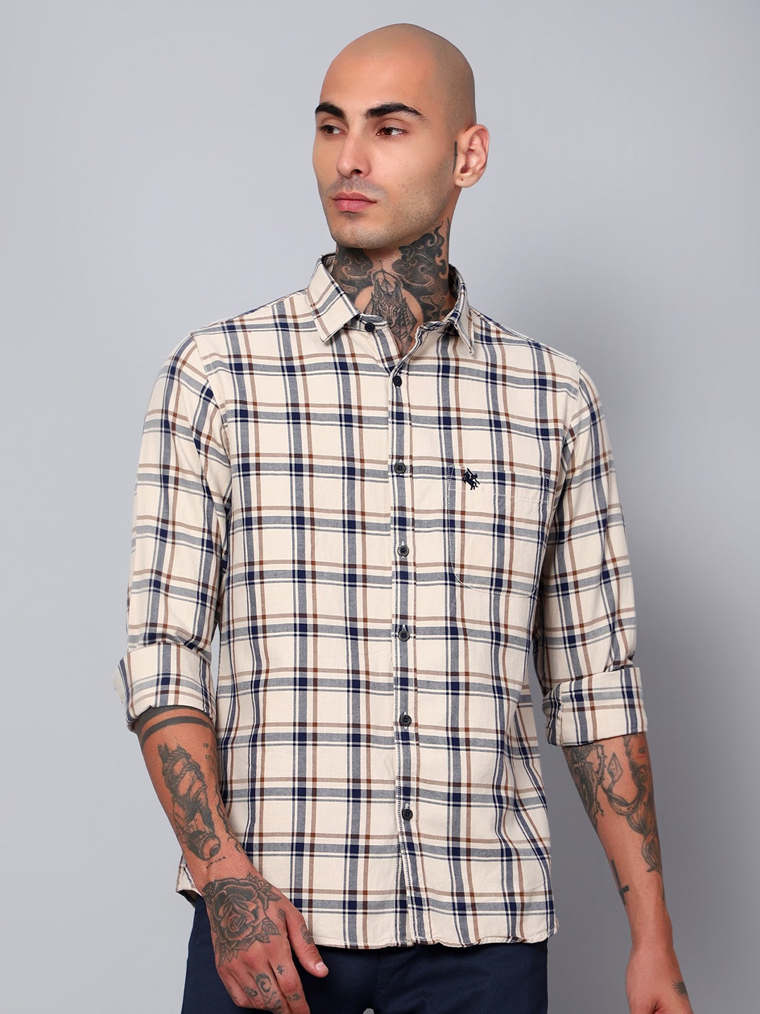 

Cantabil Comfort Tartan Checked Cotton Casual Shirt, Beige