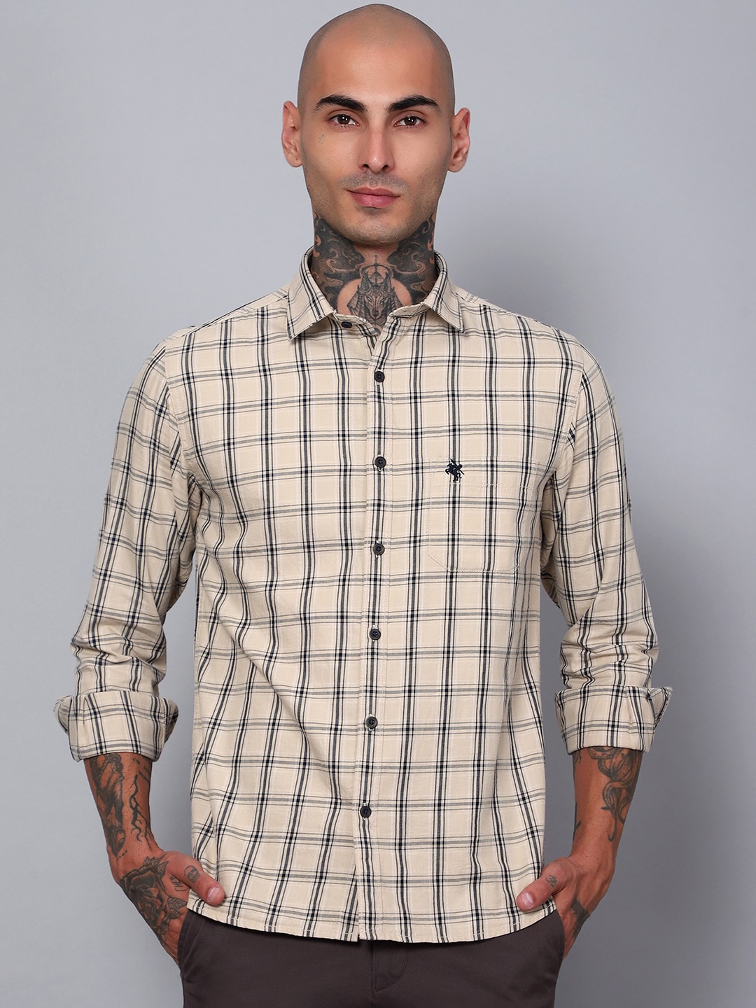 

Cantabil Comfort Opaque Checked Cotton Casual Shirt, Beige
