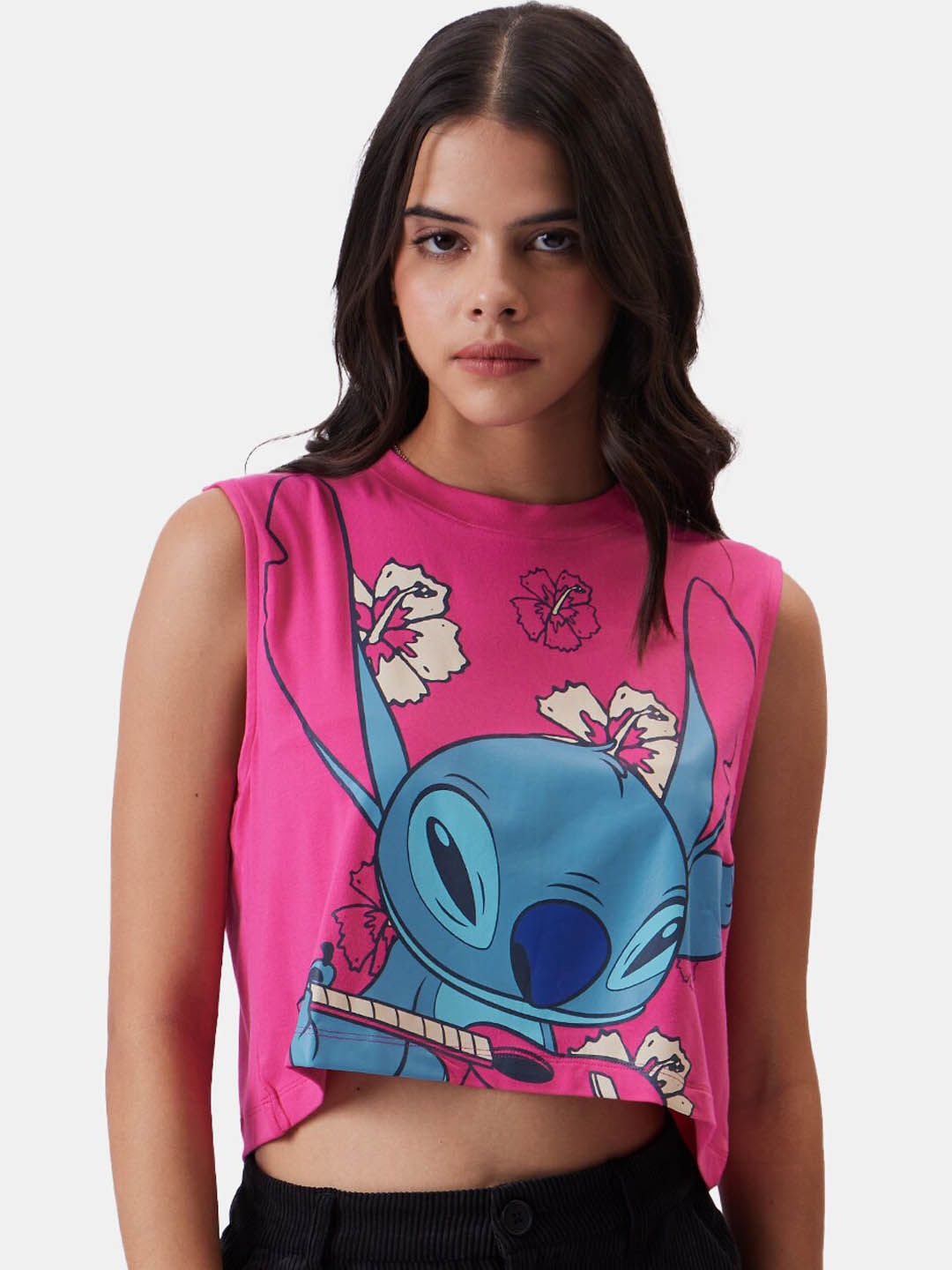 

The Souled Store Pink Lilo and Stitch Printed Pure Cotton Tank Crop Top