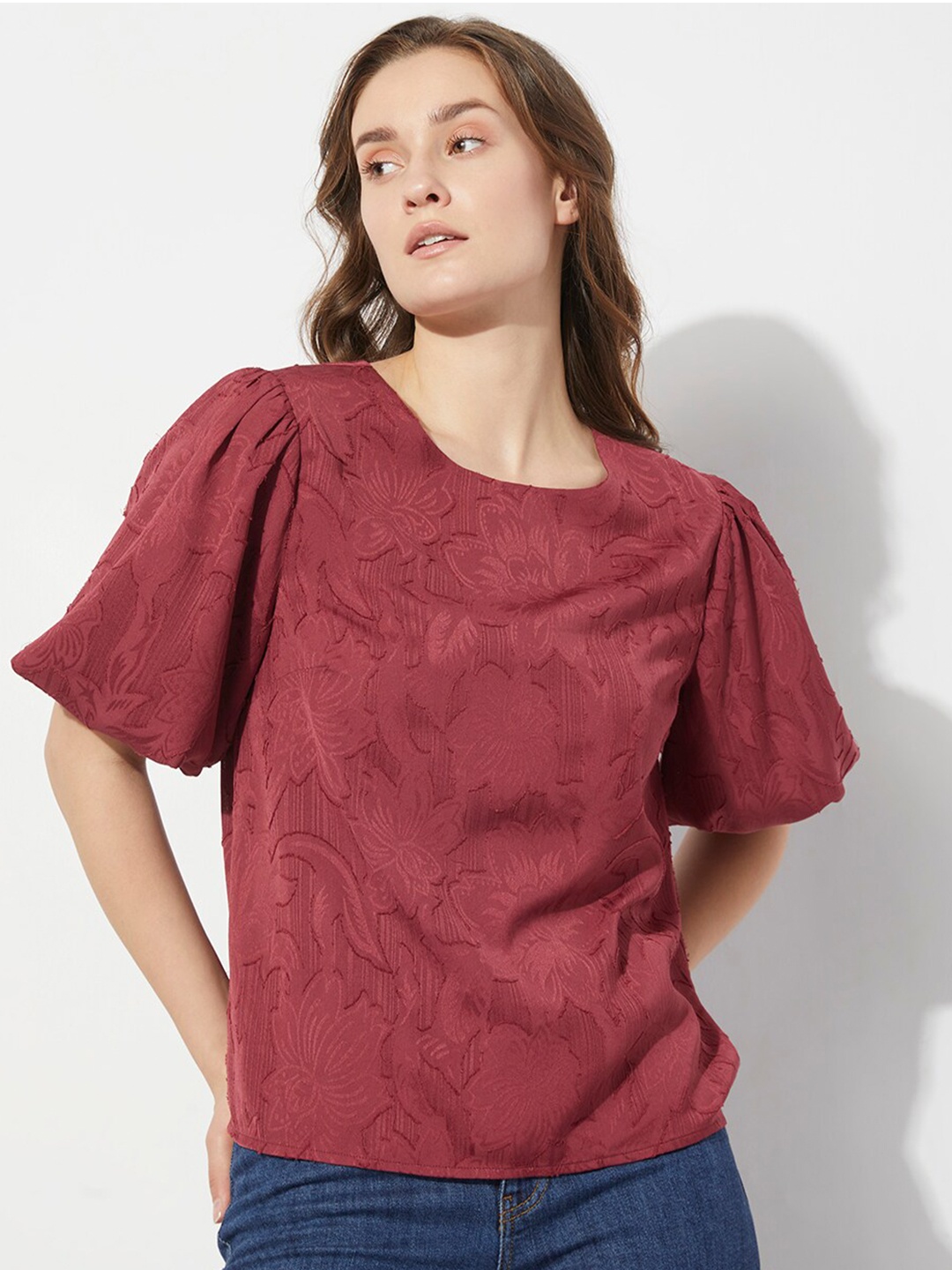 

Vero Moda Floral self Design Puff Sleeves Top, Maroon