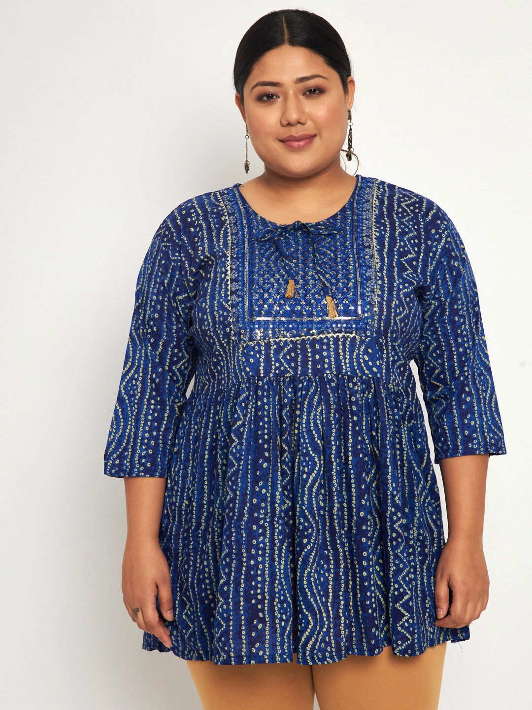 

BUY NEW TREND Curvy Plus Size Bandhani Printed Pure Cotton Anarkali Kurti, Blue