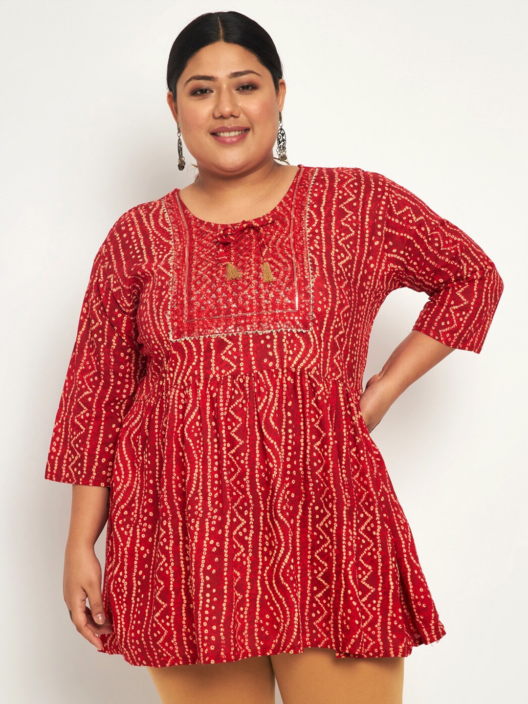 

BUY NEW TREND Curvy Plus Size Bandhani Printed Pure Cotton Anarkali Kurti, Red