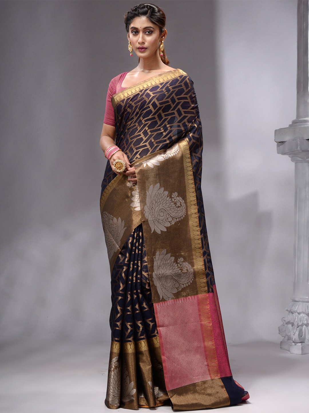 

HOUSE OF BEGUM Ethnic Motifs Woven Design Zari Pure Cotton Banarasi Saree, Blue