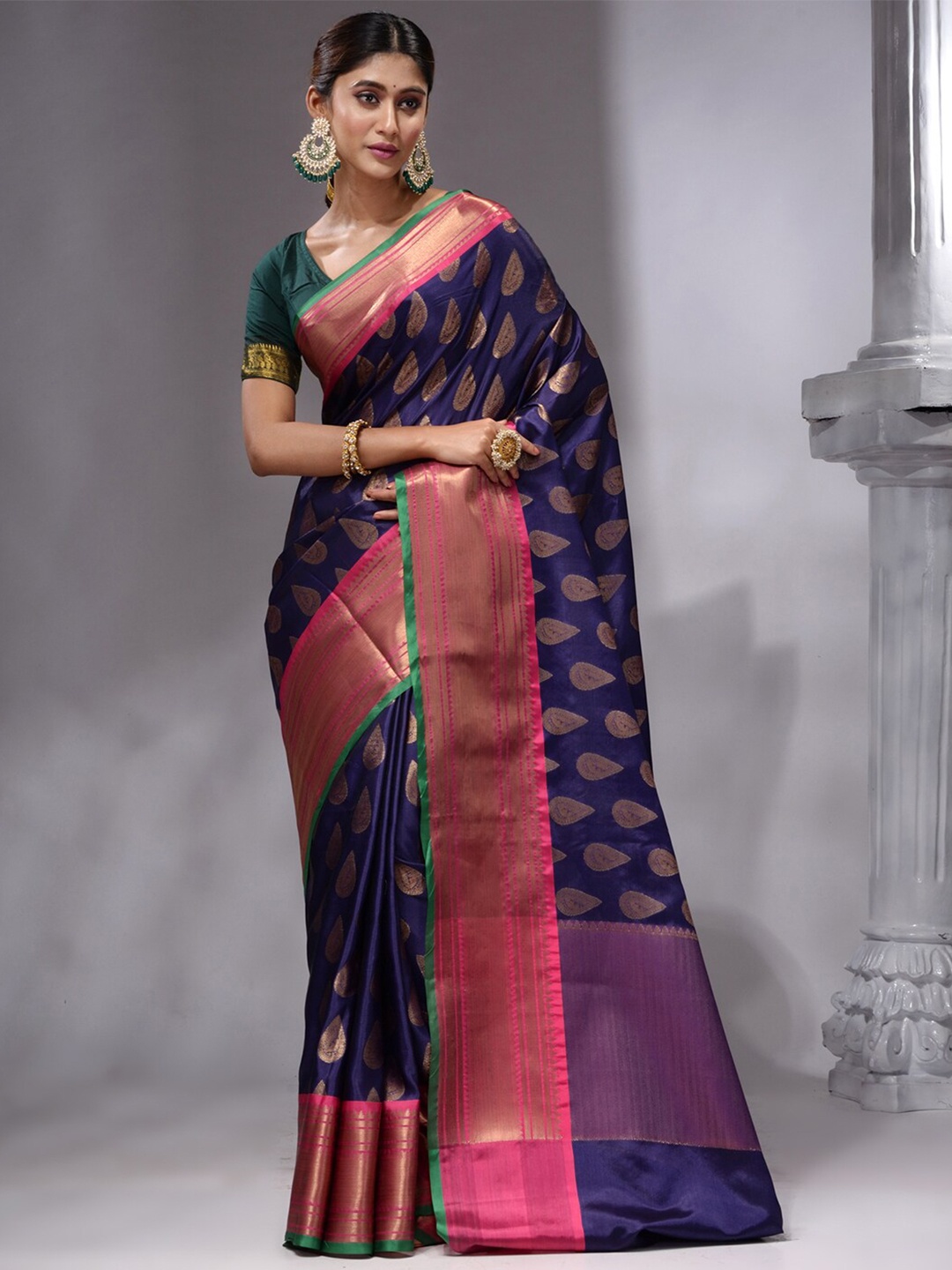 

HOUSE OF BEGUM Ethnic Motifs Zari Pure Cotton Banarasi Saree, Navy blue