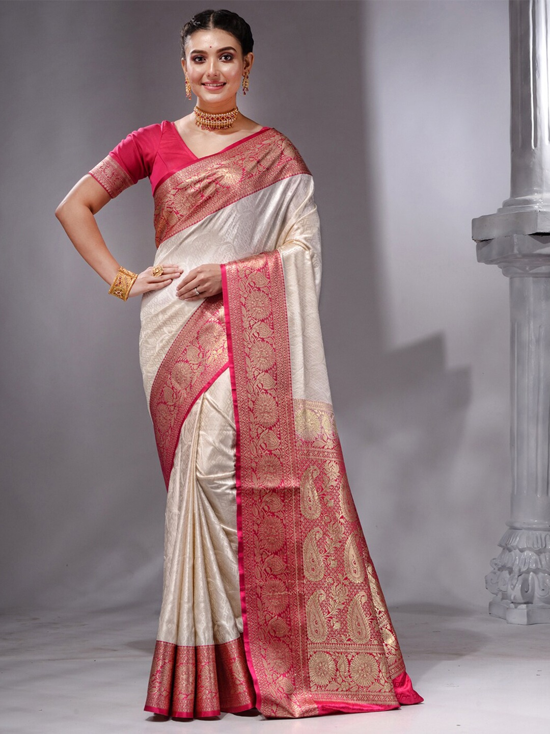 

HOUSE OF BEGUM Ethnic Motifs Woven Design Zari Banarasi Saree, Off white