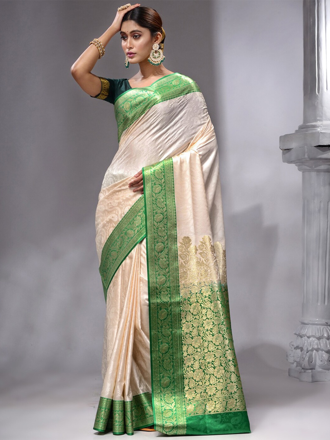 

HOUSE OF BEGUM Ethnic Motifs Woven Design Zari Pure Cotton Banarasi Saree, Cream